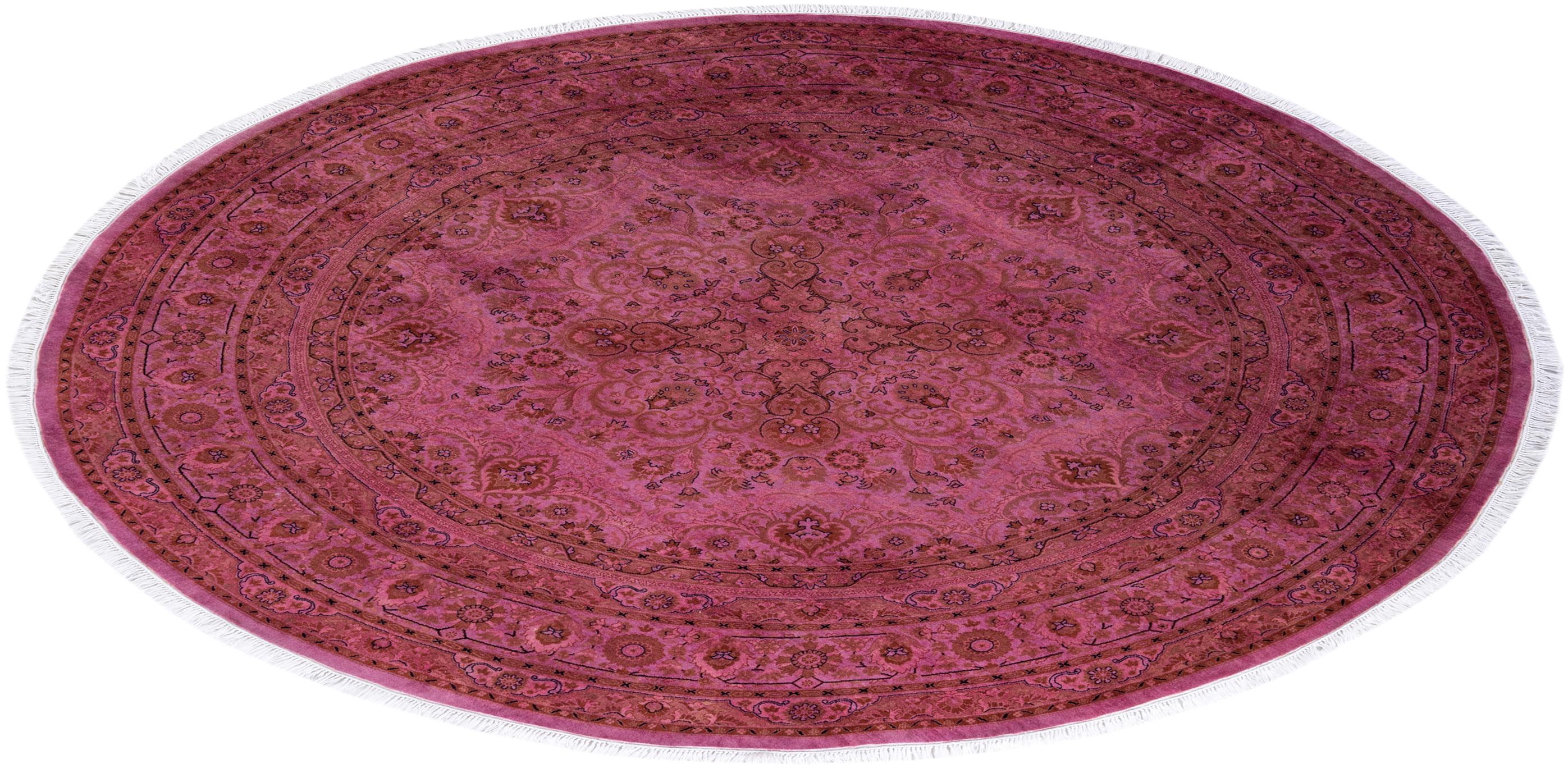 One of a Kind Hand Knotted Contemporary Overdyed Pink Round Area Rug For Sale 3