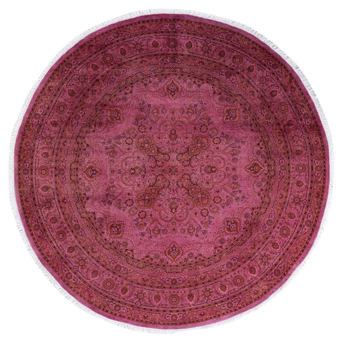 One of a Kind Hand Knotted Contemporary Overdyed Pink Round Area Rug For Sale
