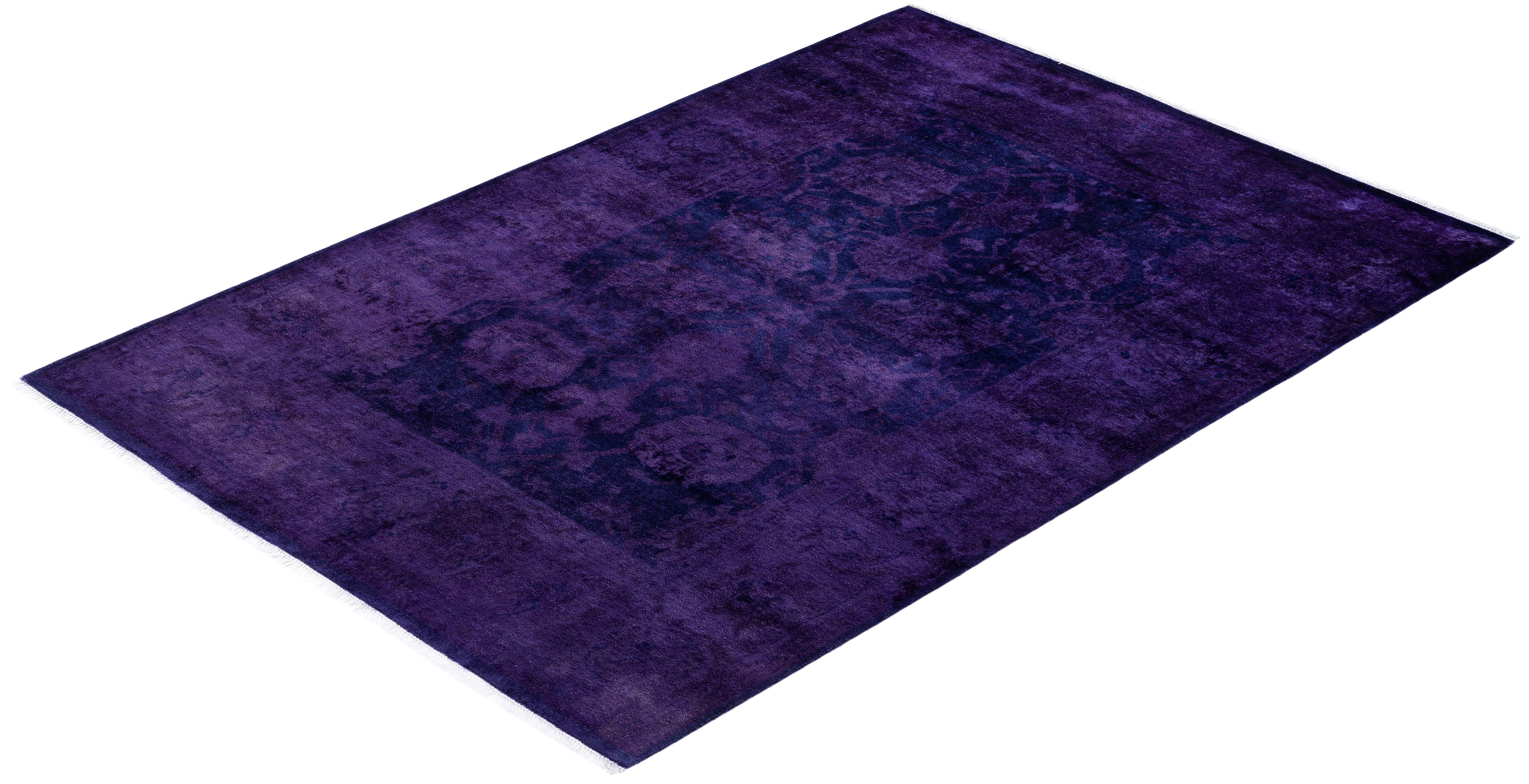 One of a Kind Hand Knotted Contemporary Overdyed Purple Area Rug For ...