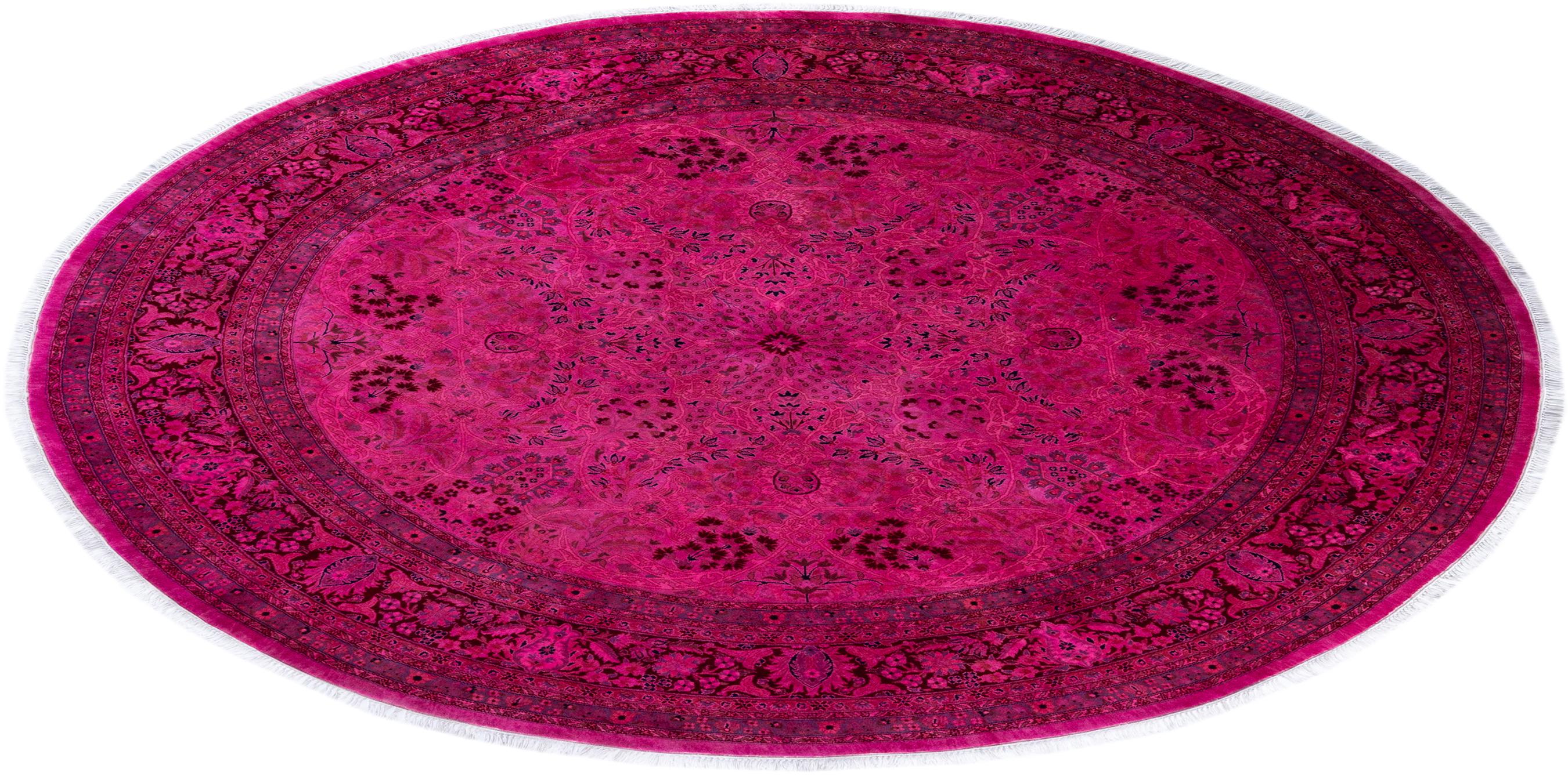 One of a Kind Hand Knotted Contemporary Overdyed Purple Round Area Rug For Sale 3