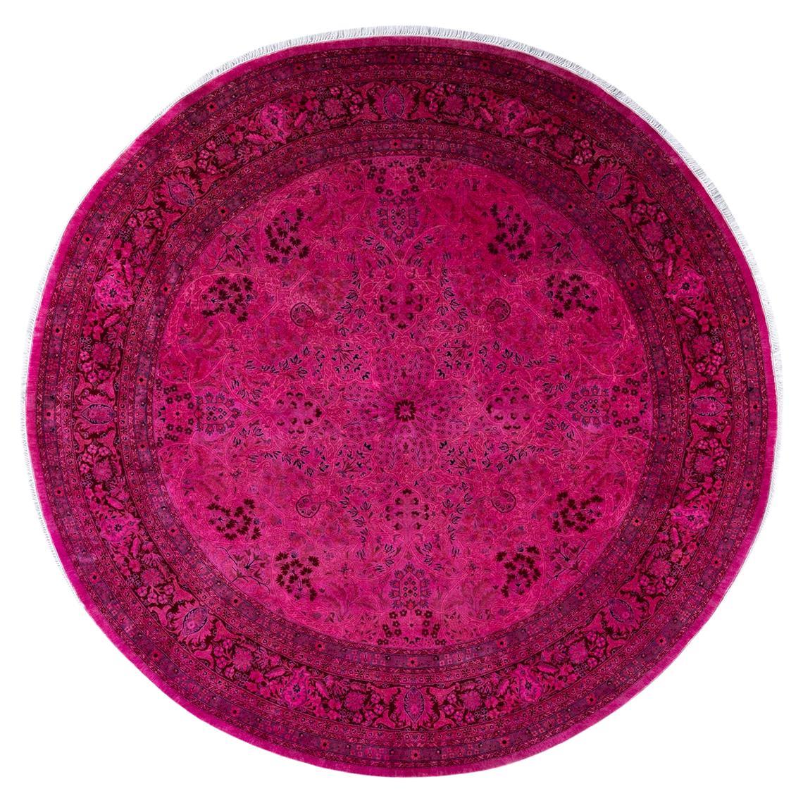 One of a Kind Hand Knotted Contemporary Overdyed Purple Round Area Rug For Sale
