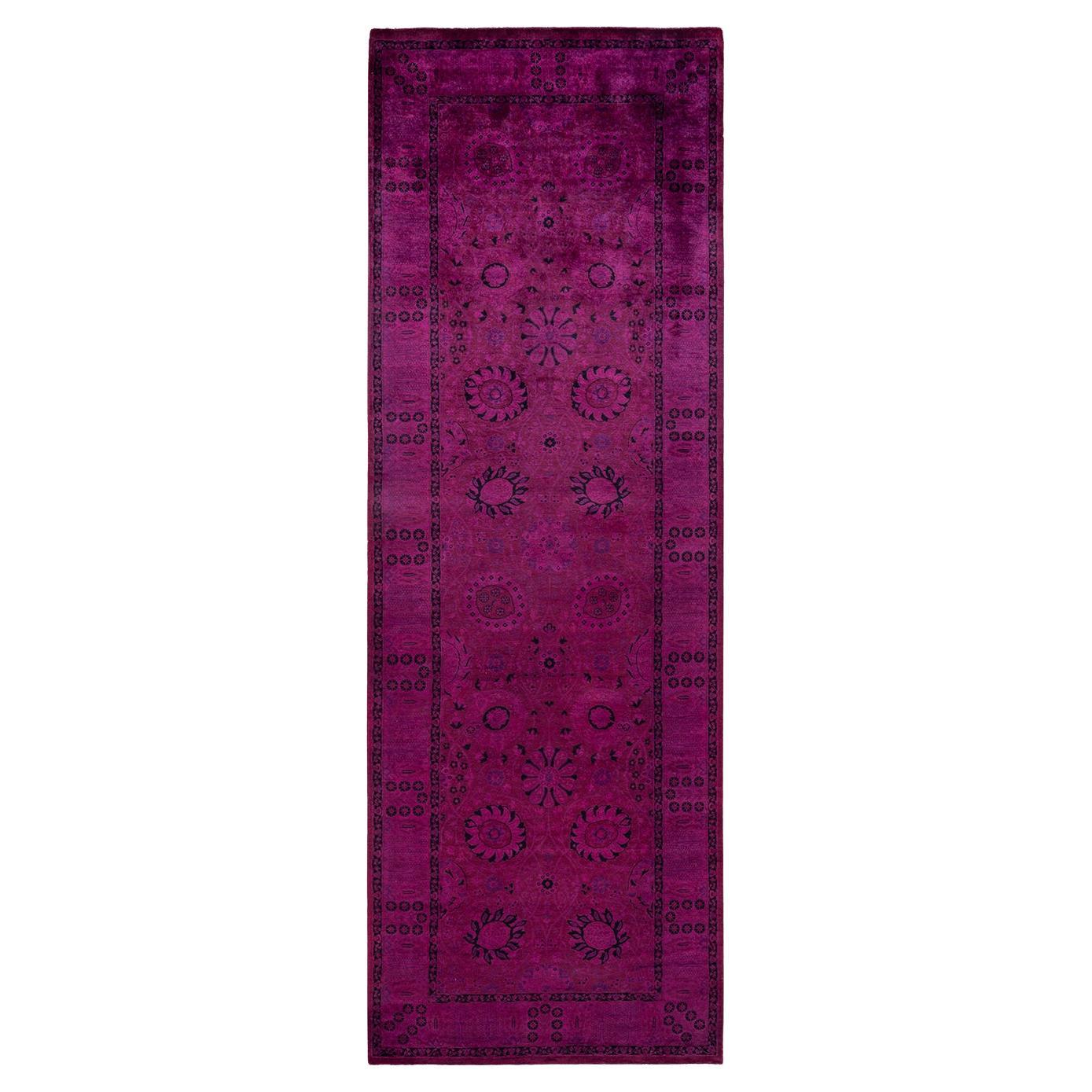 One of a Kind Hand Knotted Contemporary Overdyed Purple Runner