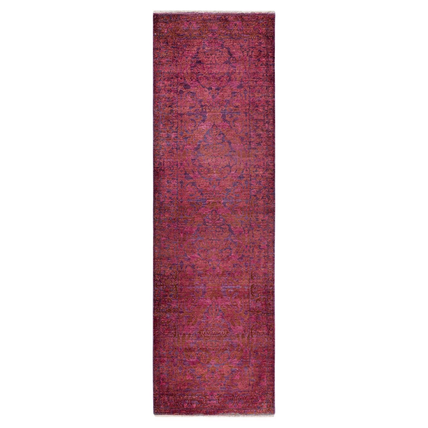 One of a Kind Hand Knotted Contemporary Overdyed Purple Runner