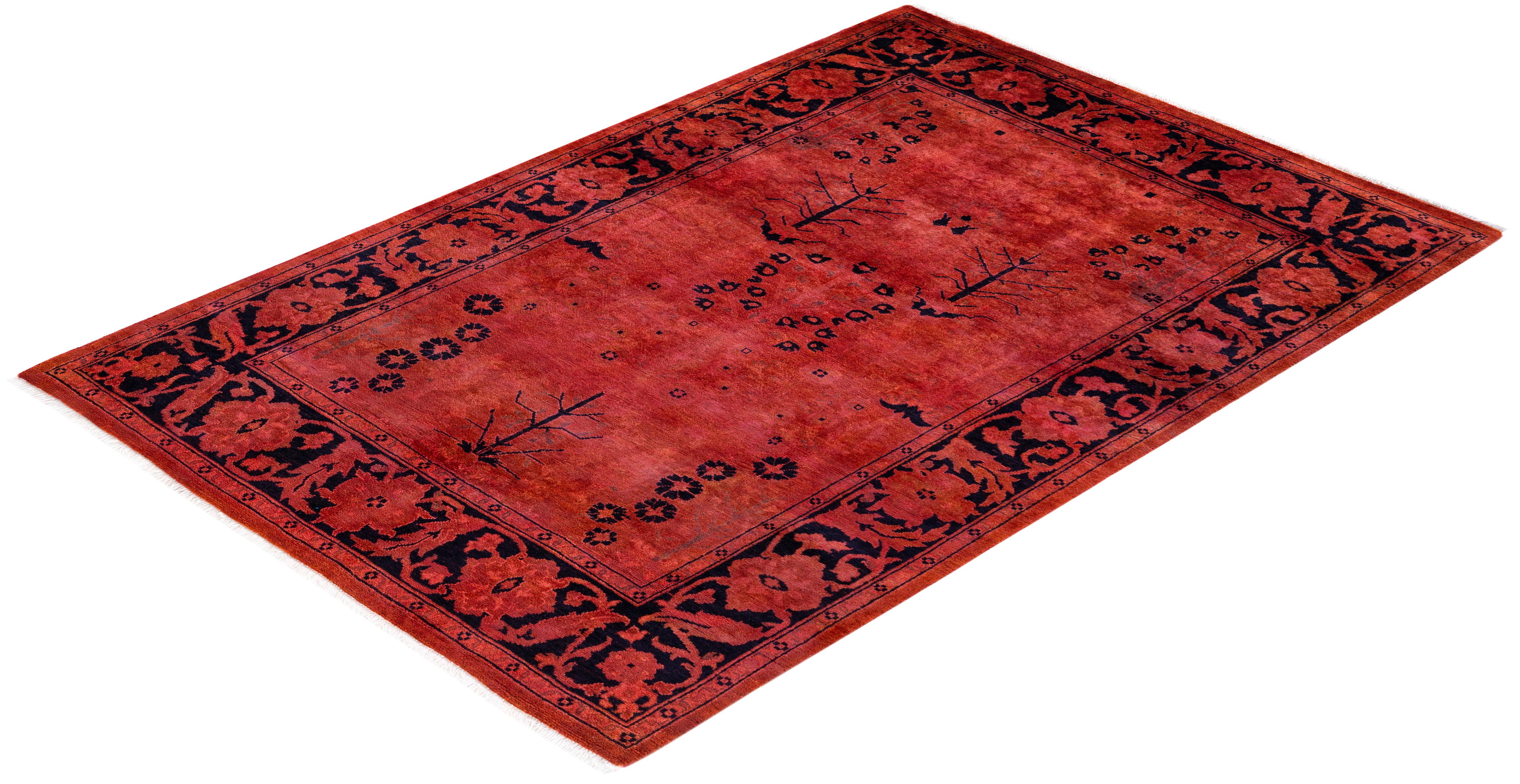 One of a Kind Hand Knotted Contemporary Overdyed Red Area Rug 3
