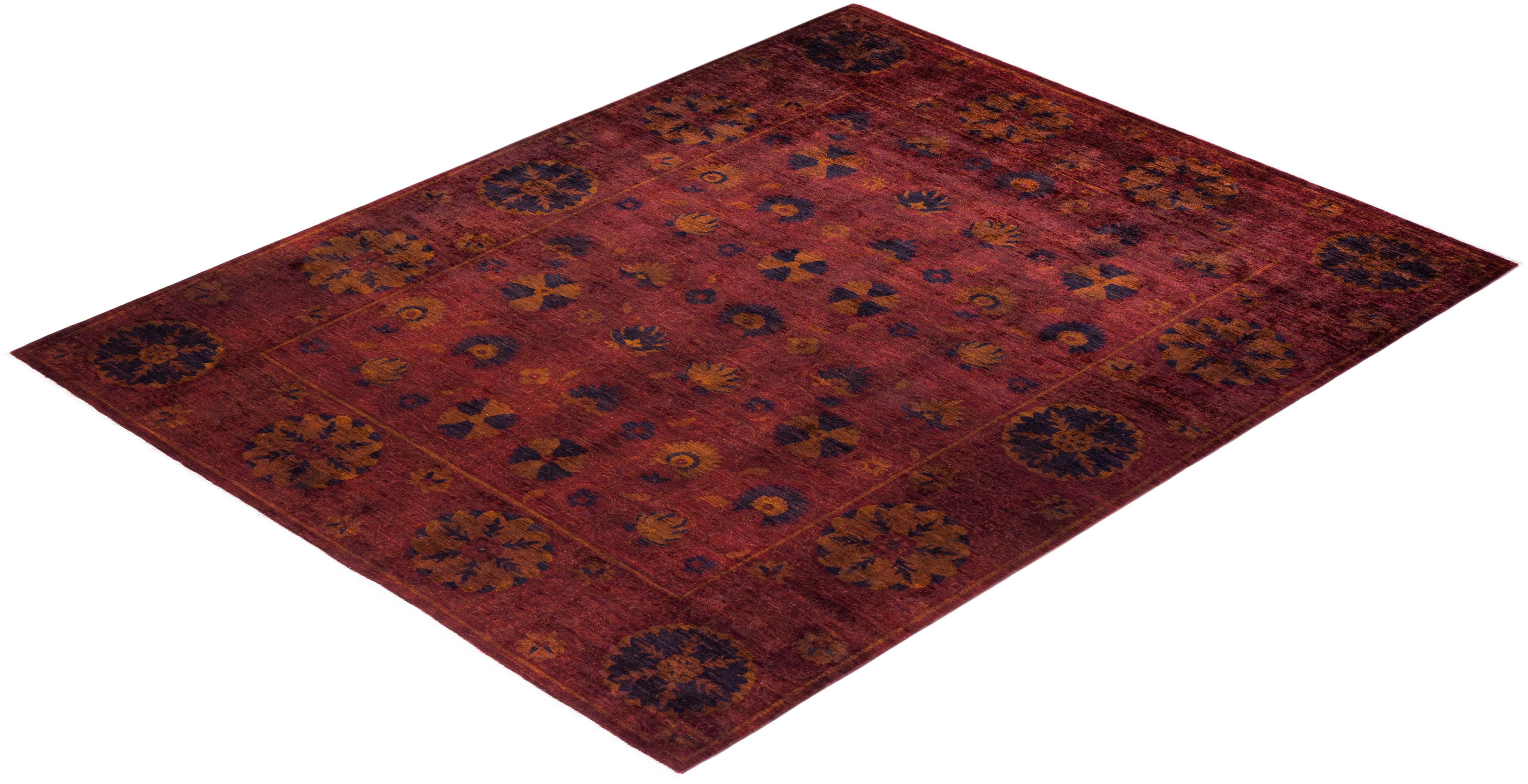 One of a Kind Hand Knotted Contemporary Overdyed Red Area Rug For Sale 3