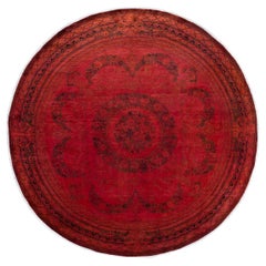 One of a Kind Hand Knotted Contemporary Overdyed Red Round Area Rug