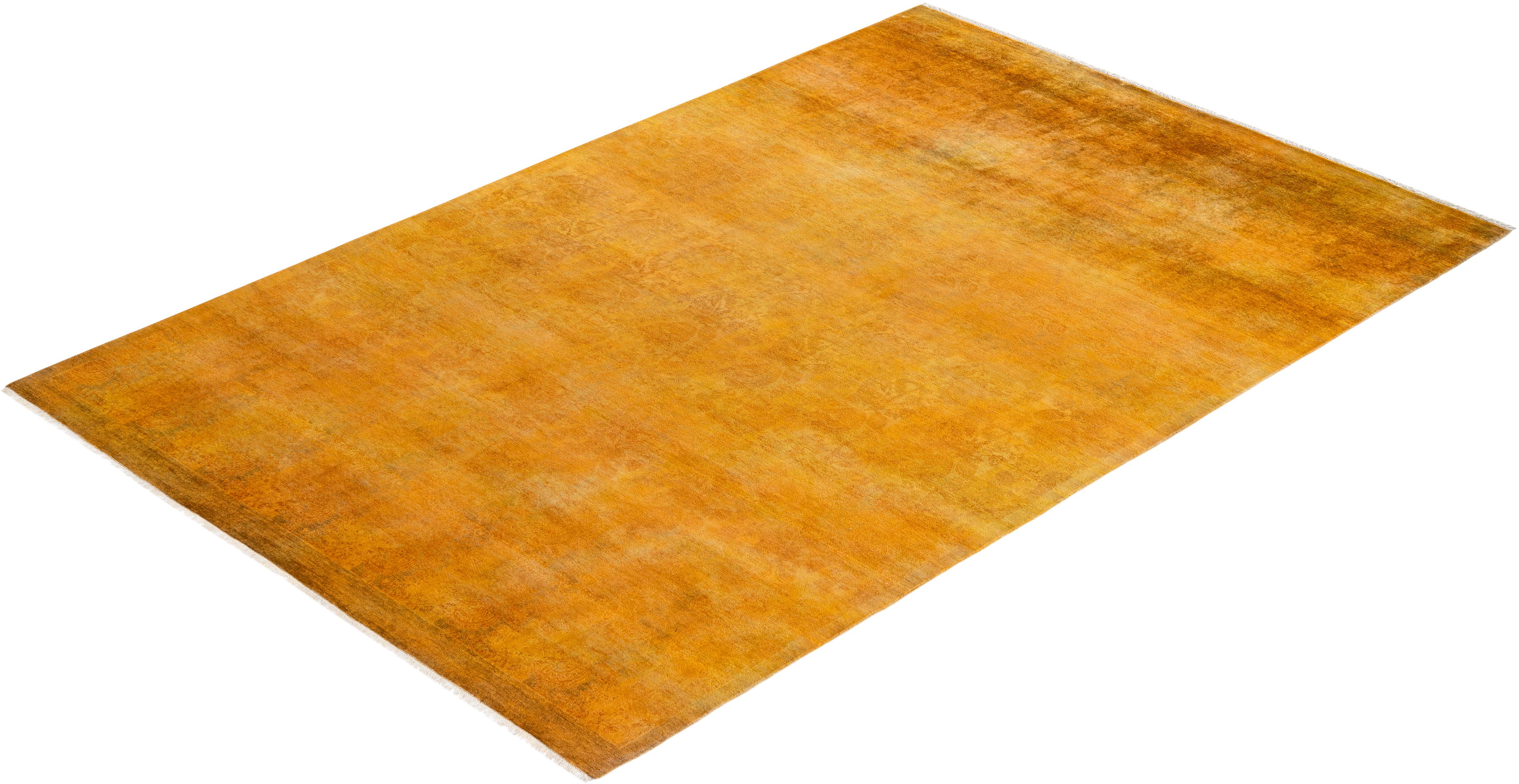 One of a Kind Hand Knotted Contemporary Overdyed Yellow Area Rug 3