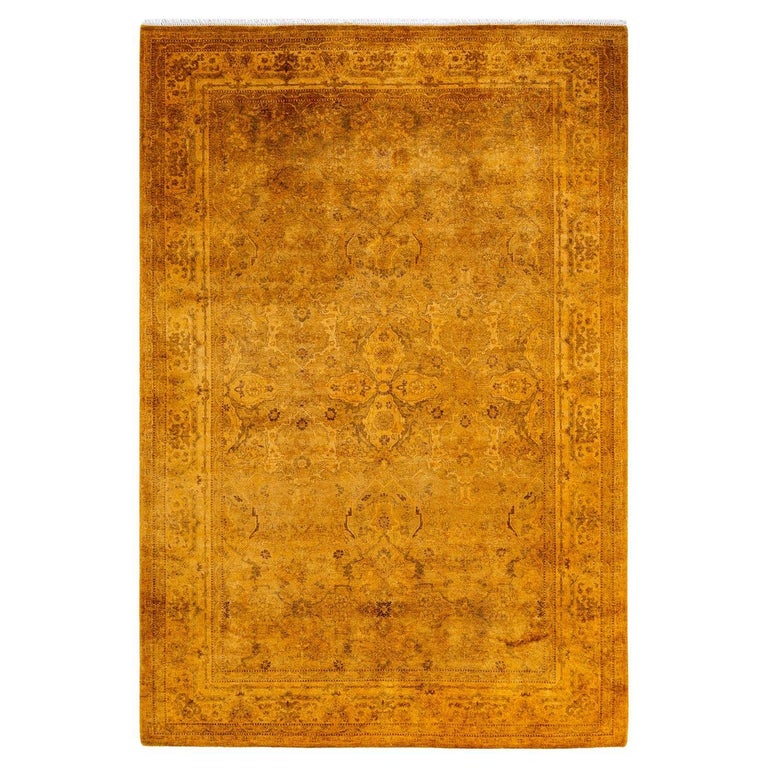 One of a Kind Hand Knotted Contemporary Overdyed Yellow Area Rug For ...