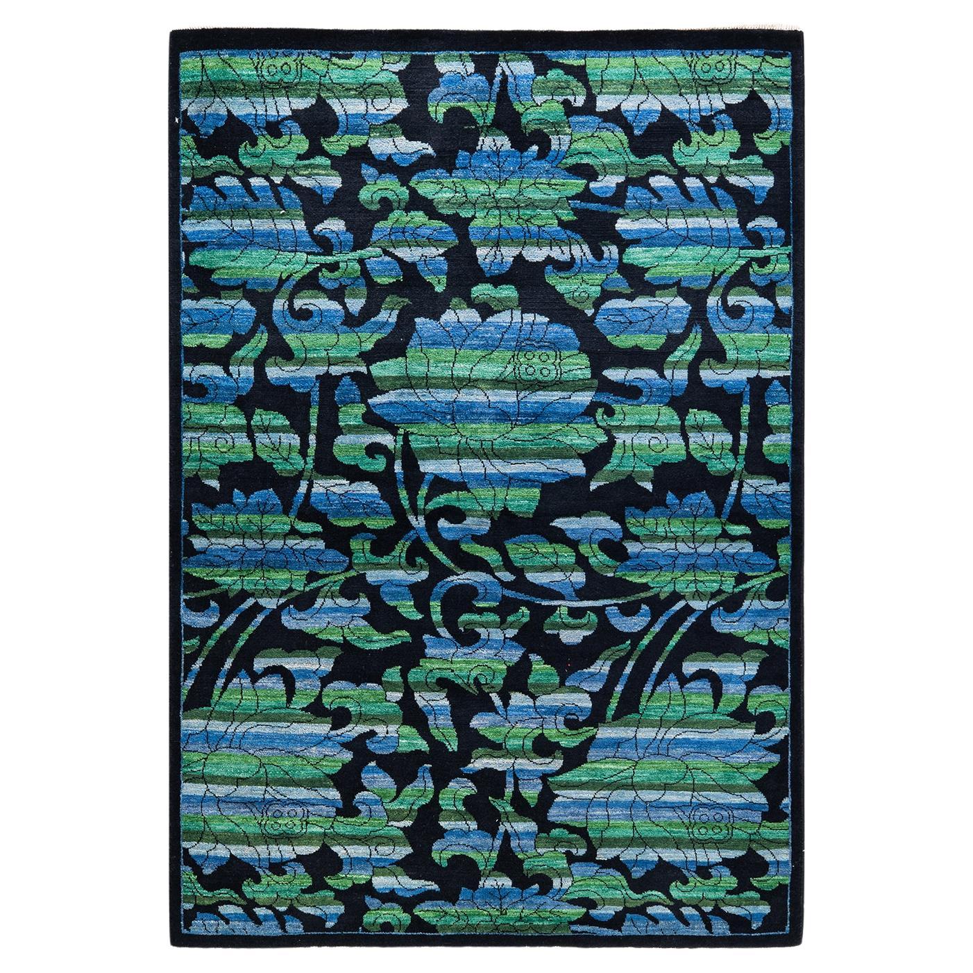 One-Of-A-Kind Hand Knotted Floral Arts & Crafts Black Area Rug For Sale