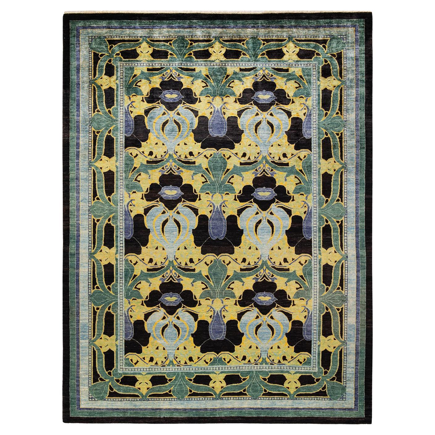 Pro Craft Rugs One-of-a-Kind Hand Knotted Floral Arts and Crafts Black Area Rug For ...