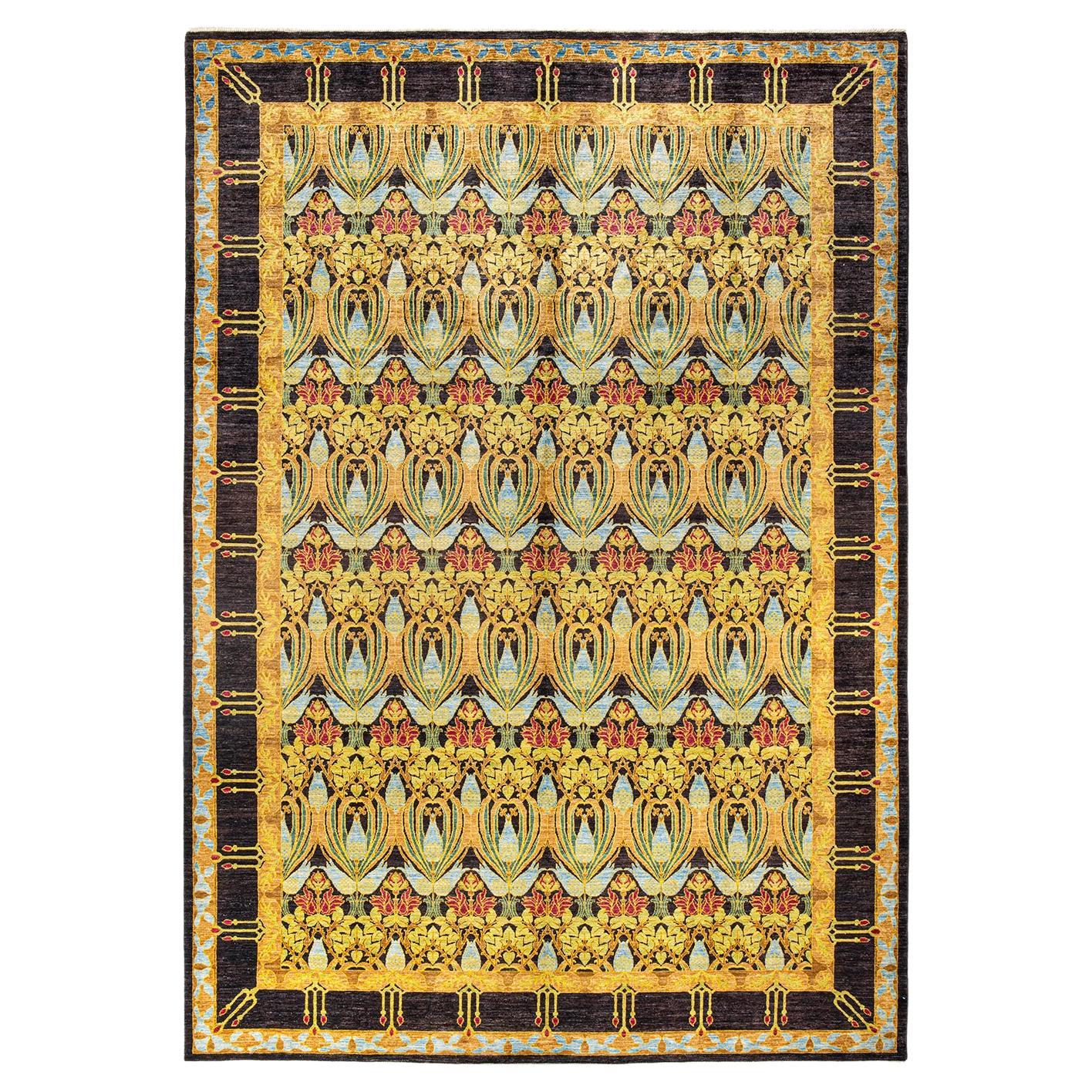 One-of-a-Kind Hand Knotted Floral Arts & Crafts Black Area Rug For Sale