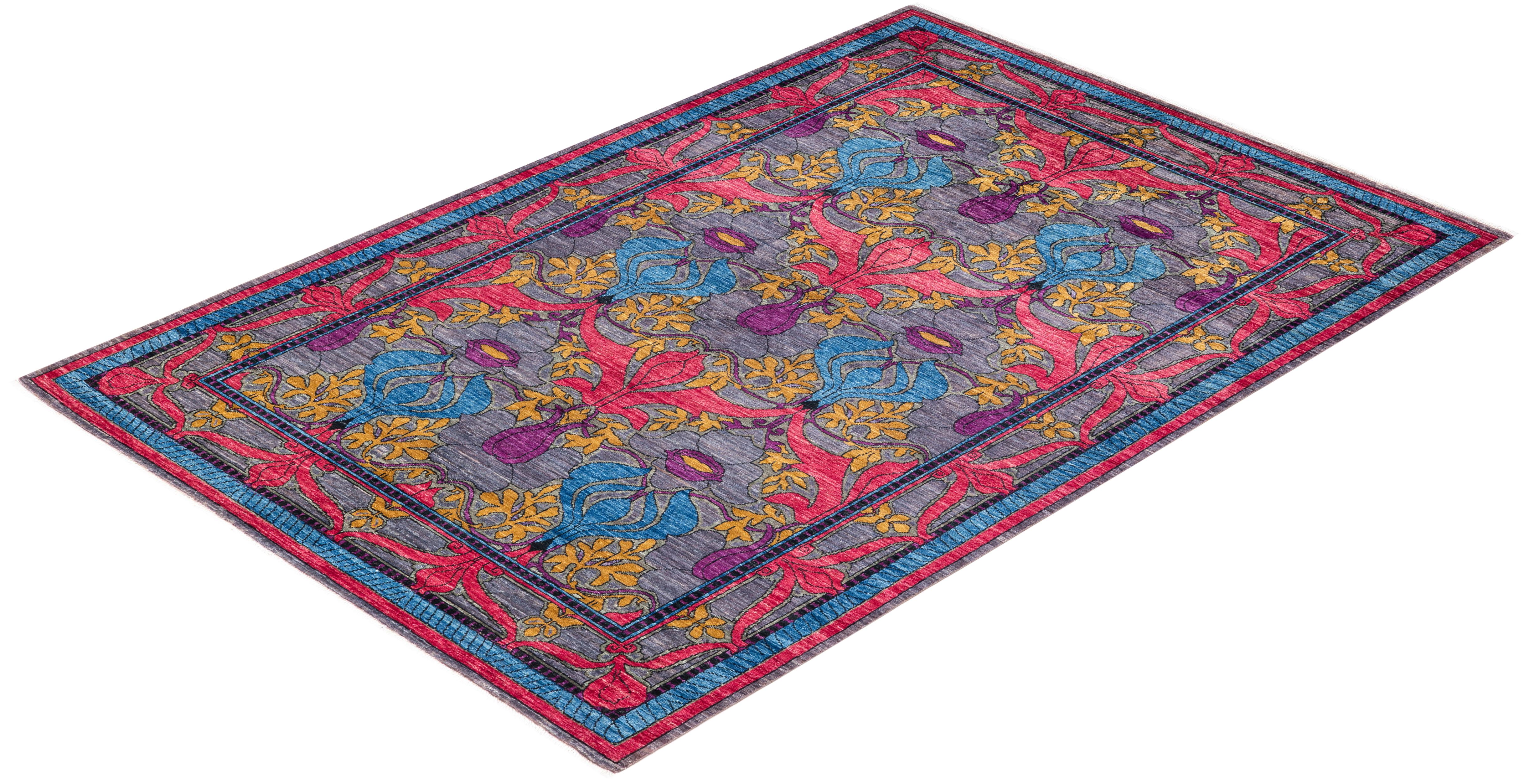 One-of-a-kind Hand Knotted Floral Arts & Crafts Gray Area Rug For Sale 2