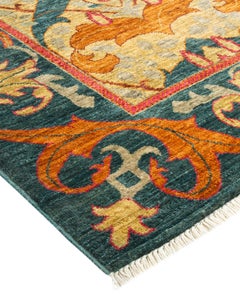 Handgeknüpfter grüner Teppich mit Blumenmuster im Arts & Crafts-Stil, Unikat