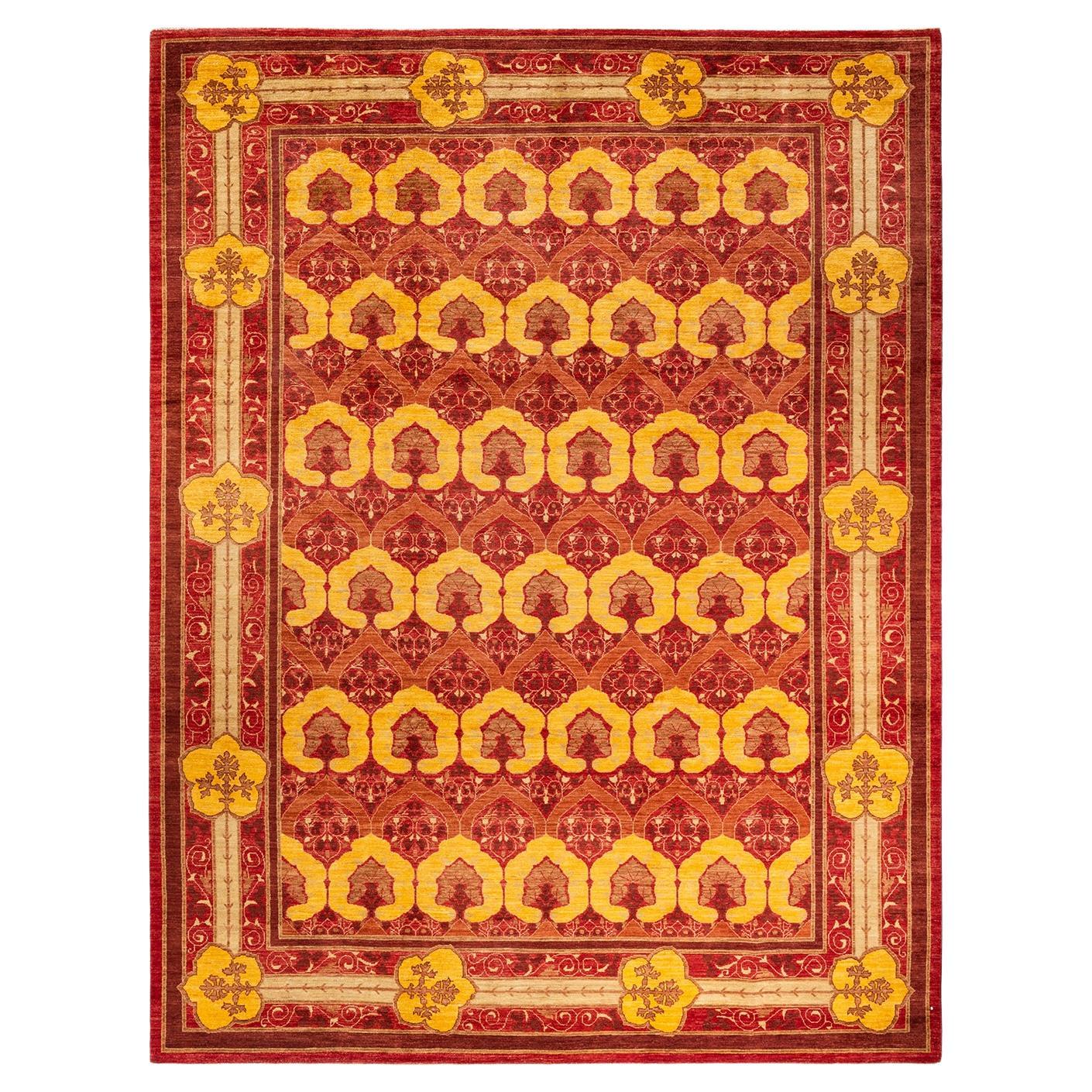 Tapis rouge Arts &amp; Crafts noué à la main à motifs floraux, unique en son genre, 2,69 m x 3,78 m en vente