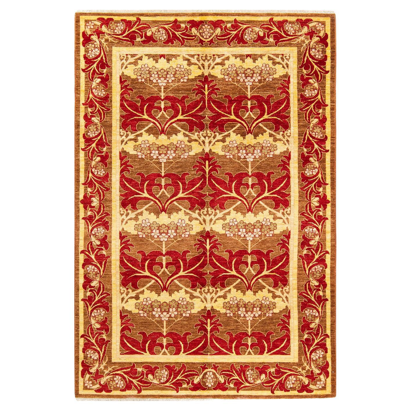 One-of-a-Kind Hand Knotted Floral Arts & Crafts Yellow Area Rug For Sale
