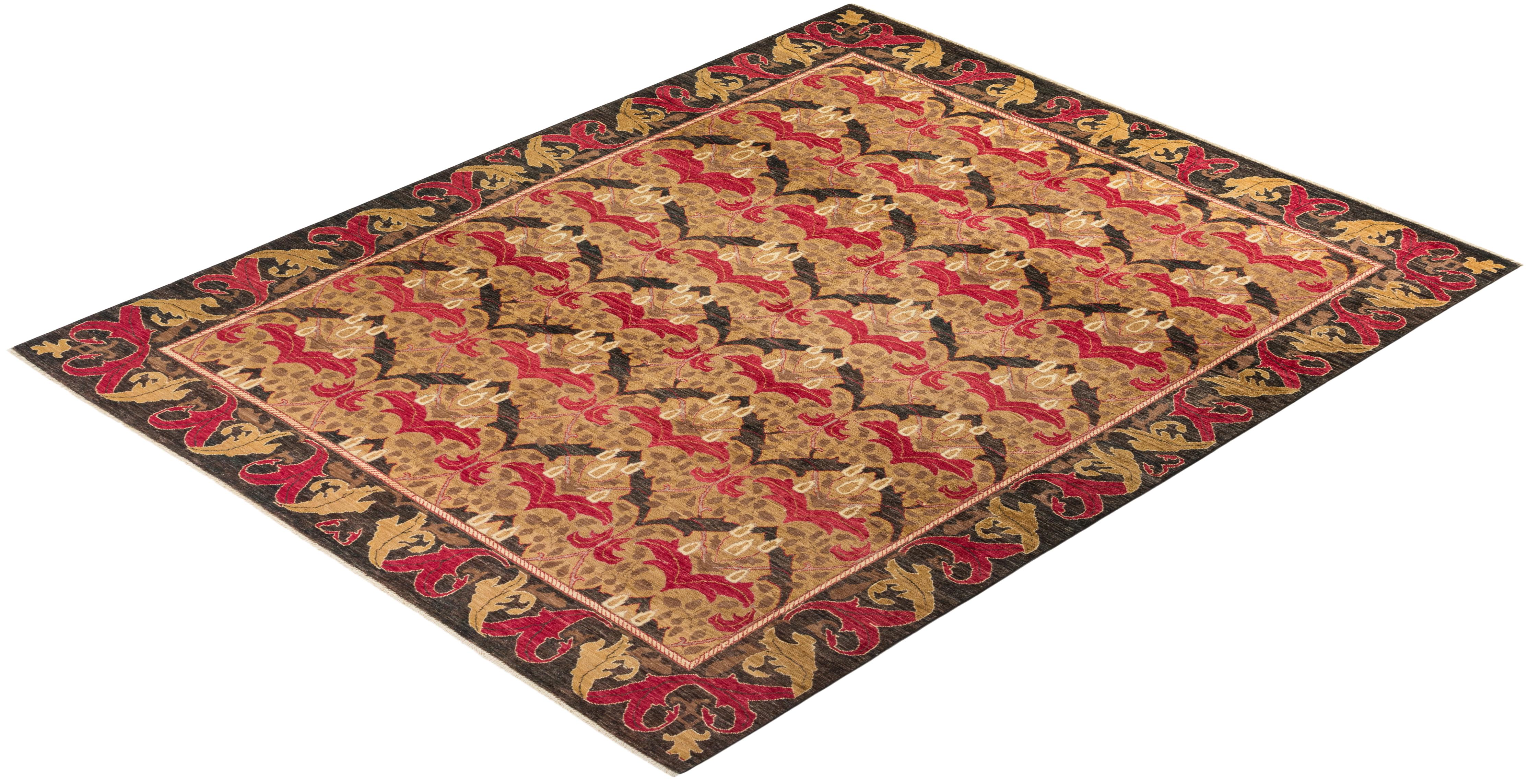 Tapis Arts & Crafts jaune à fleurs noué à la main, unique en son genre en vente 2