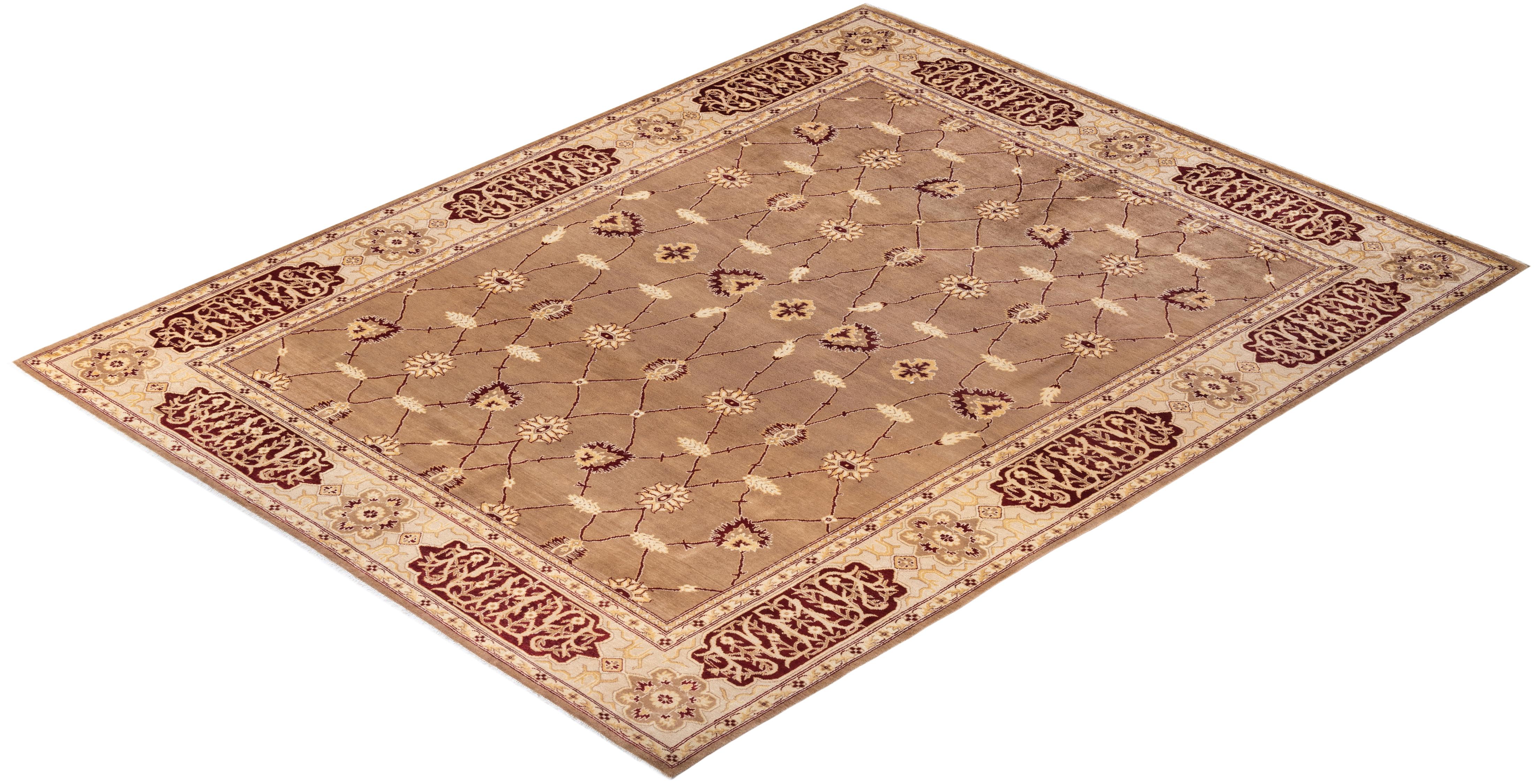 One-Of-A-Kind Hand Knotted Floral Eclectic Beige Area Rug For Sale 2