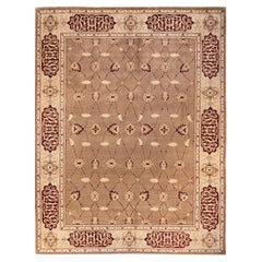 Tapis beige éclectique noué à la main, unique en son genre, à fleurs