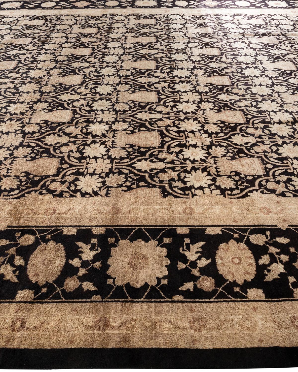 One-of-a-kind Hand Knotted Floral Eclectic Black Area Rug In New Condition For Sale In Norwalk, CT