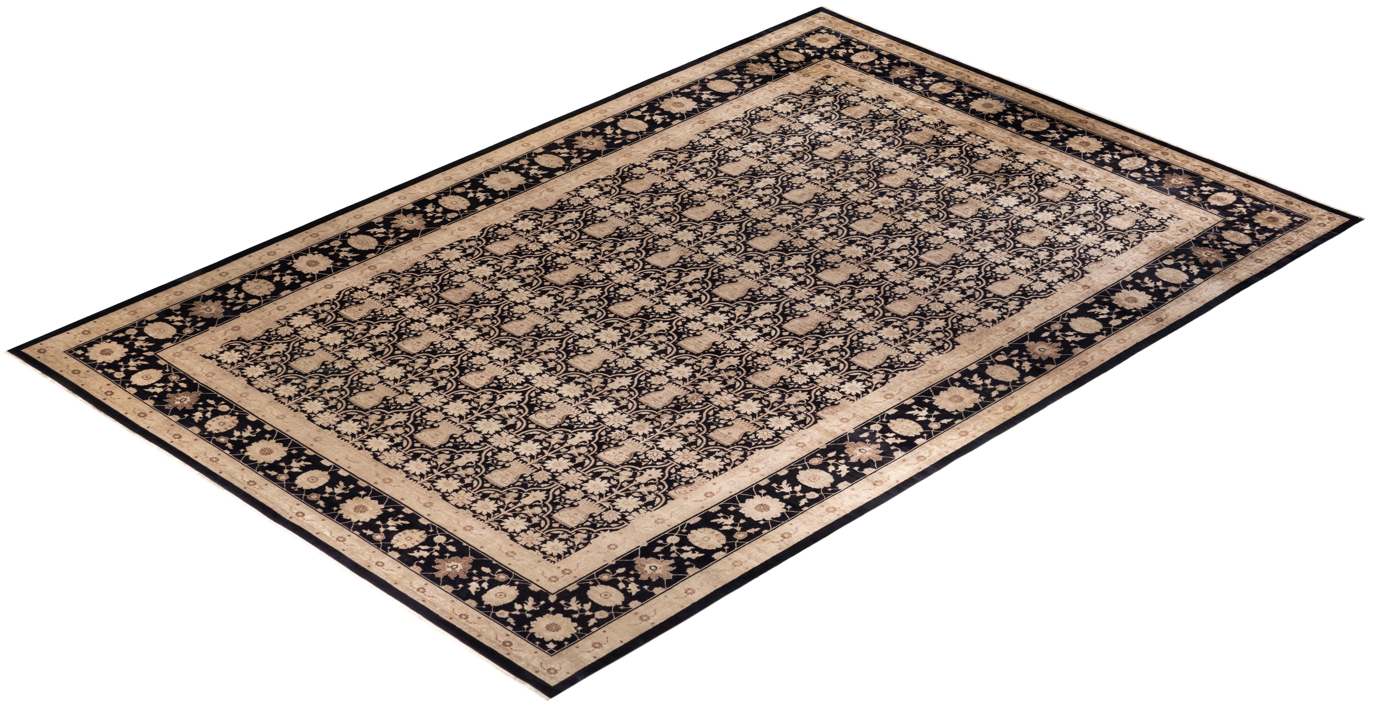 One-of-a-kind Hand Knotted Floral Eclectic Black Area Rug For Sale 2