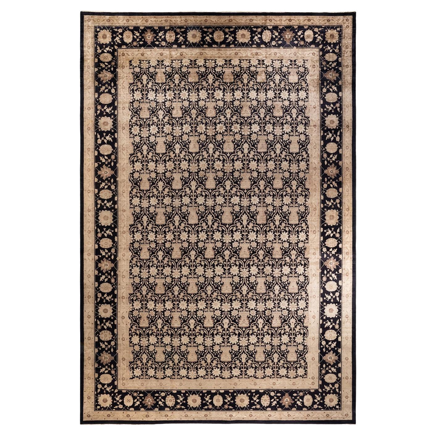 One-of-a-kind Hand Knotted Floral Eclectic Black Area Rug For Sale