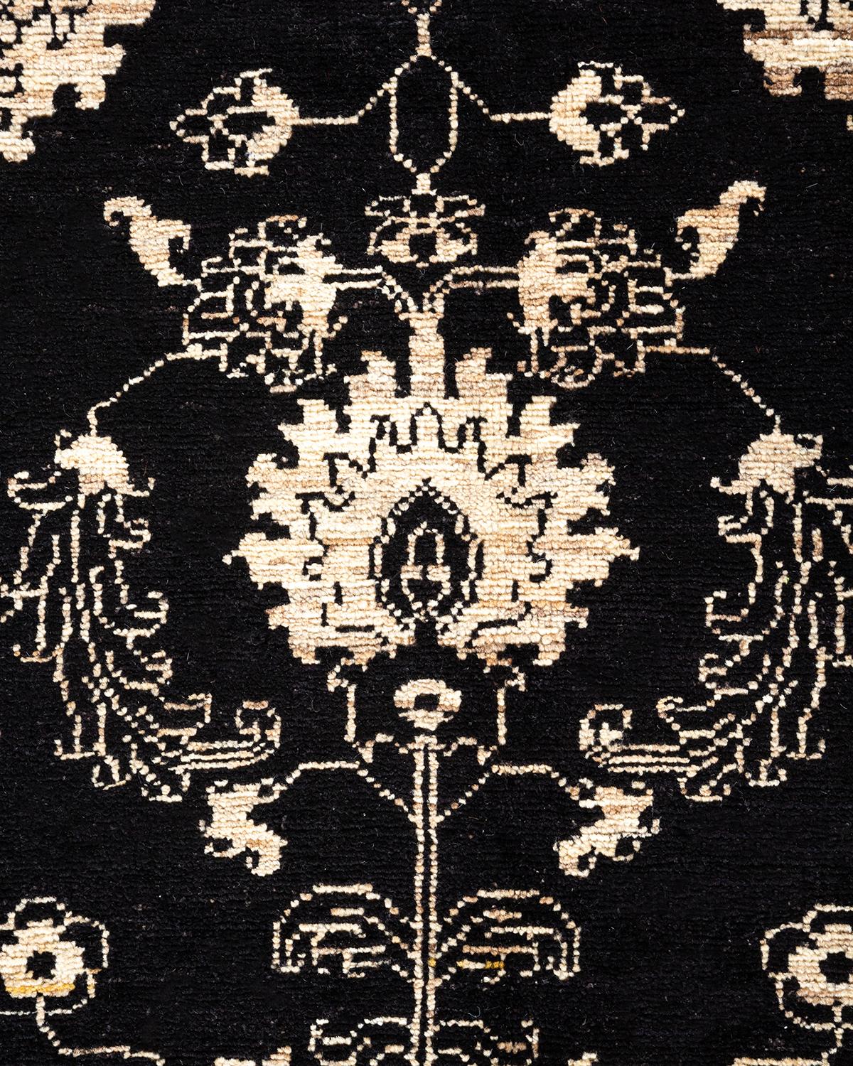 Pakistani One-of-a-kind Hand Knotted Floral Eclectic Black Area Rug For Sale