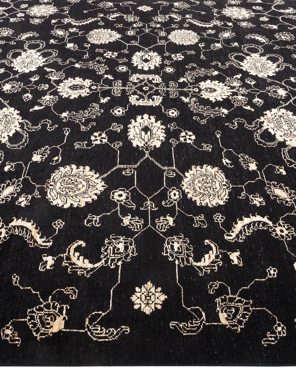 One-of-a-kind Hand Knotted Floral Eclectic Black Area Rug In New Condition For Sale In Norwalk, CT
