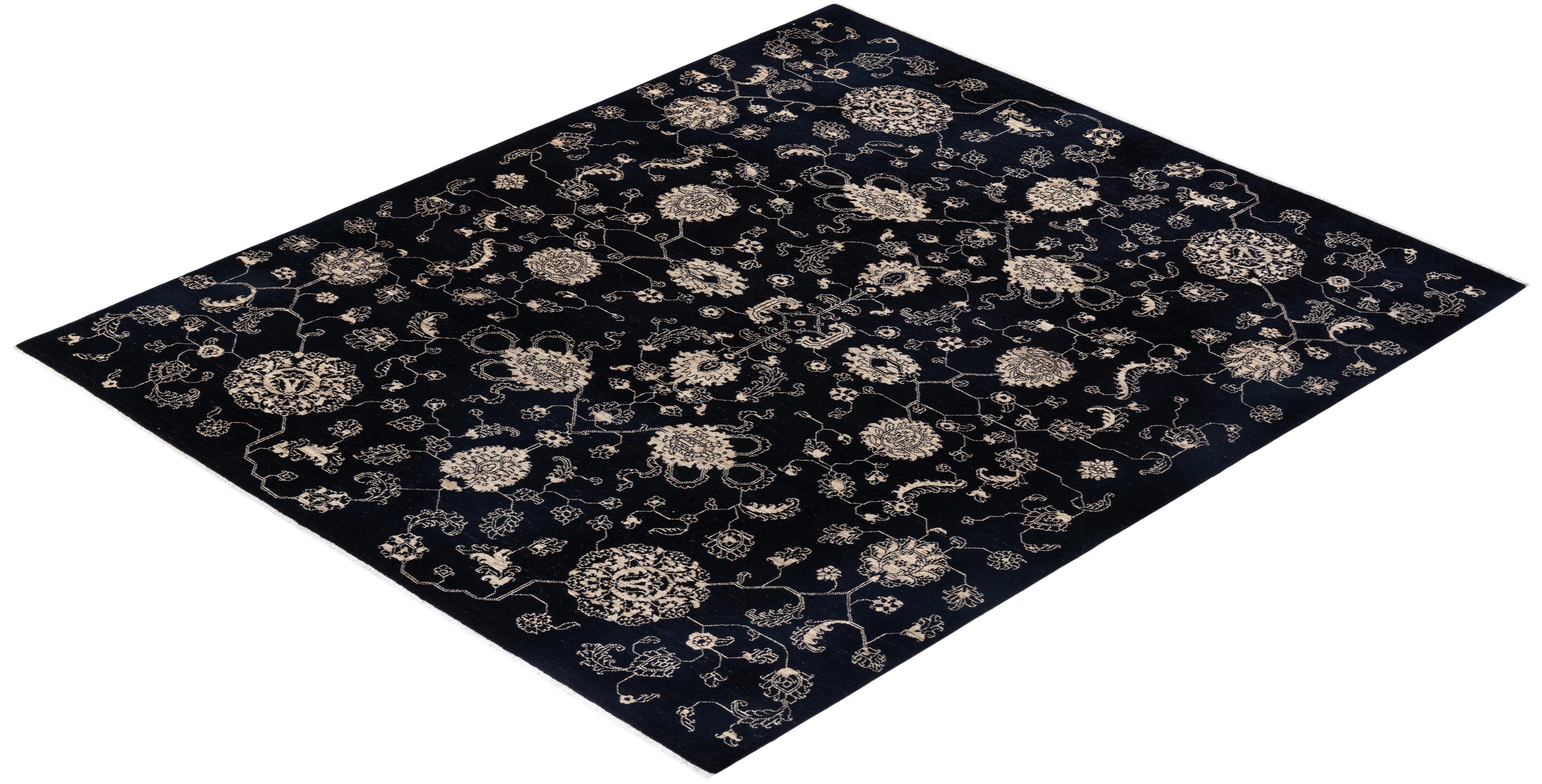 One-of-a-kind Hand Knotted Floral Eclectic Black Area Rug For Sale 2