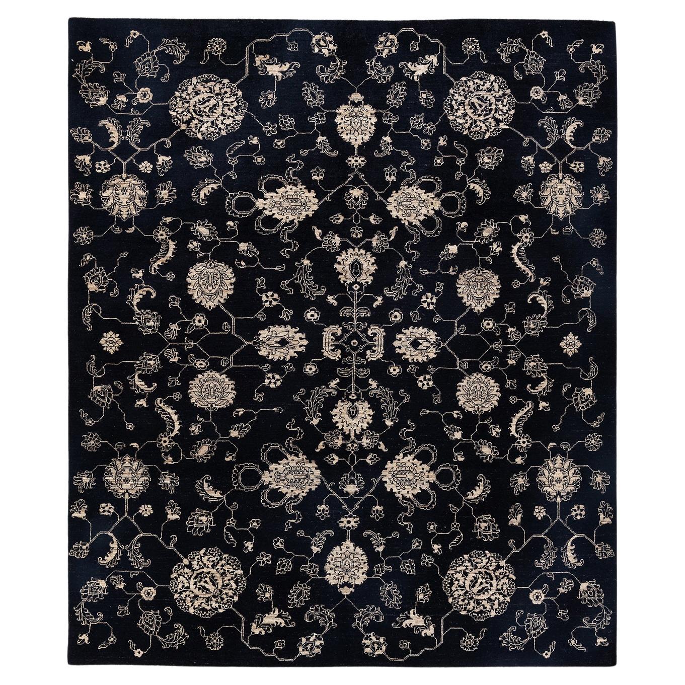 One-of-a-kind Hand Knotted Floral Eclectic Black Area Rug For Sale