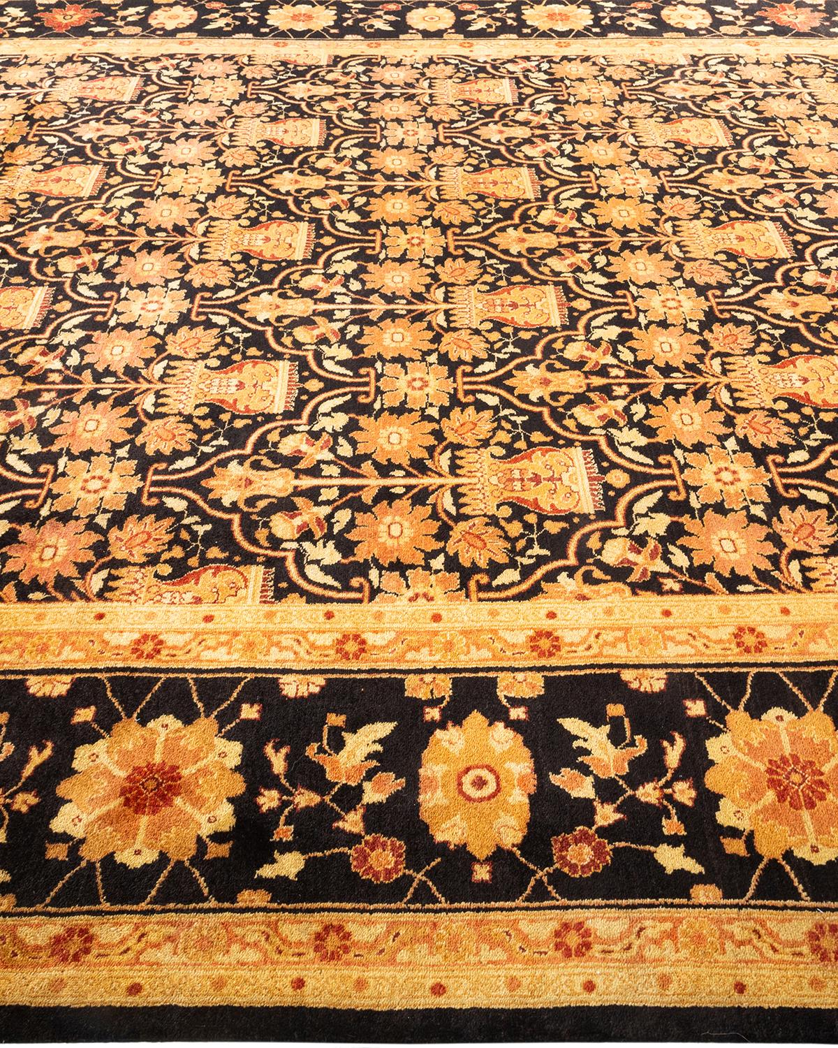 One-Of-A-Kind Hand Knotted Floral Eclectic Black Area Rug In New Condition For Sale In Norwalk, CT