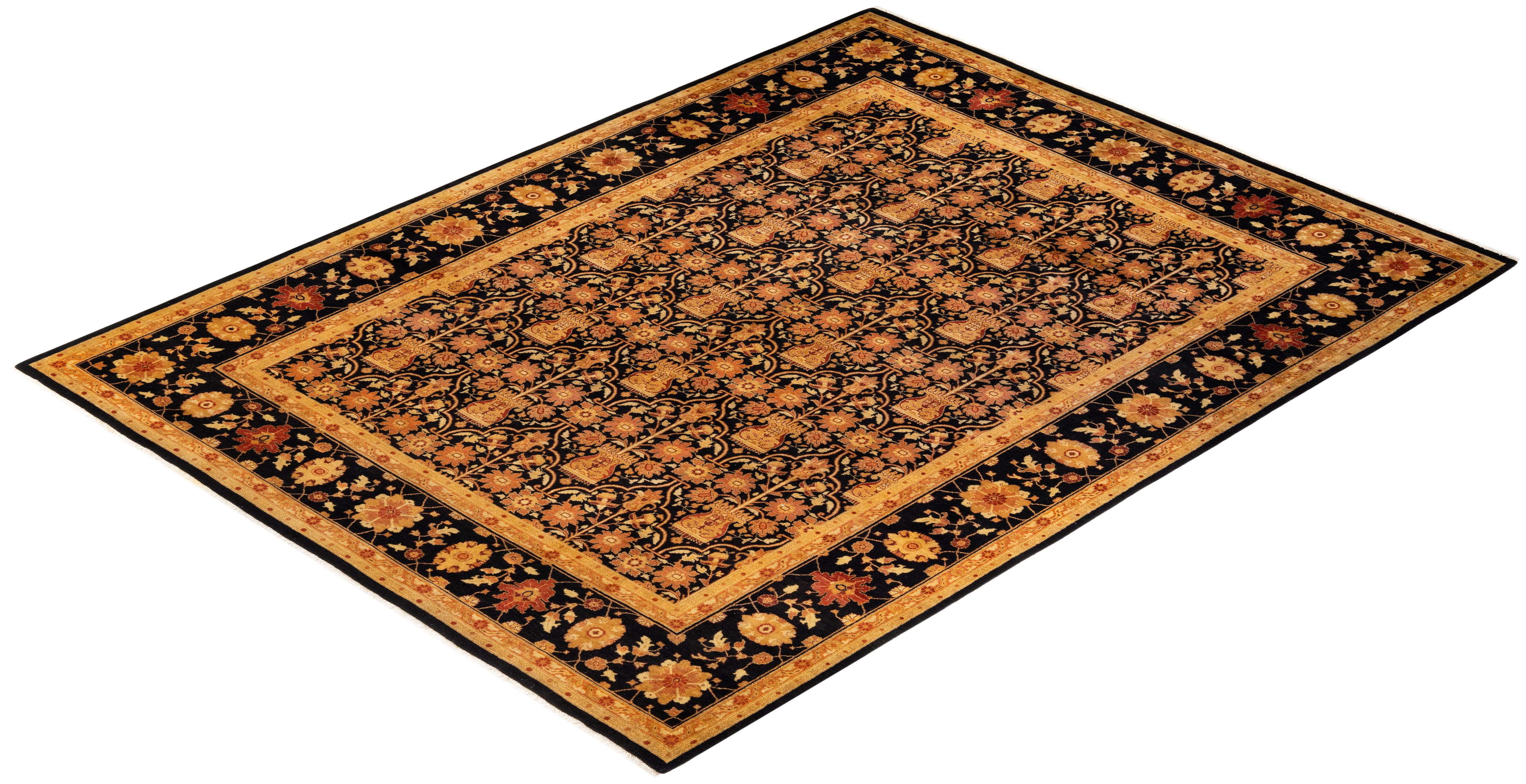 One-Of-A-Kind Hand Knotted Floral Eclectic Black Area Rug For Sale 2