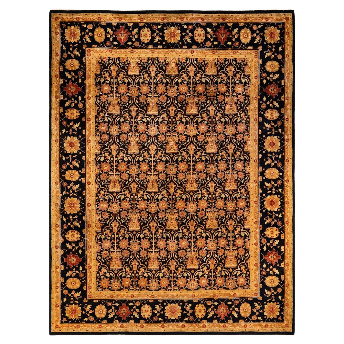 One-Of-A-Kind Hand Knotted Floral Eclectic Black Area Rug For Sale