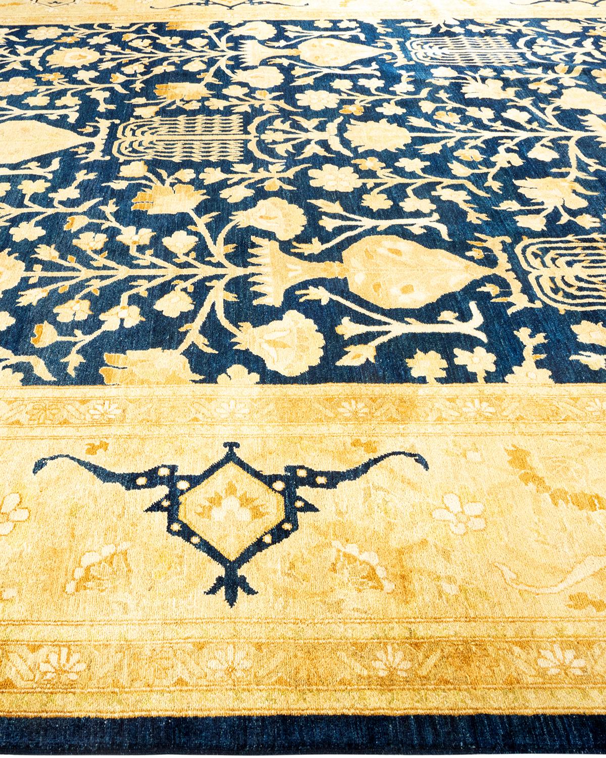 One-Of-A-Kind Hand Knotted Floral Eclectic Blue Area Rug In New Condition For Sale In Norwalk, CT