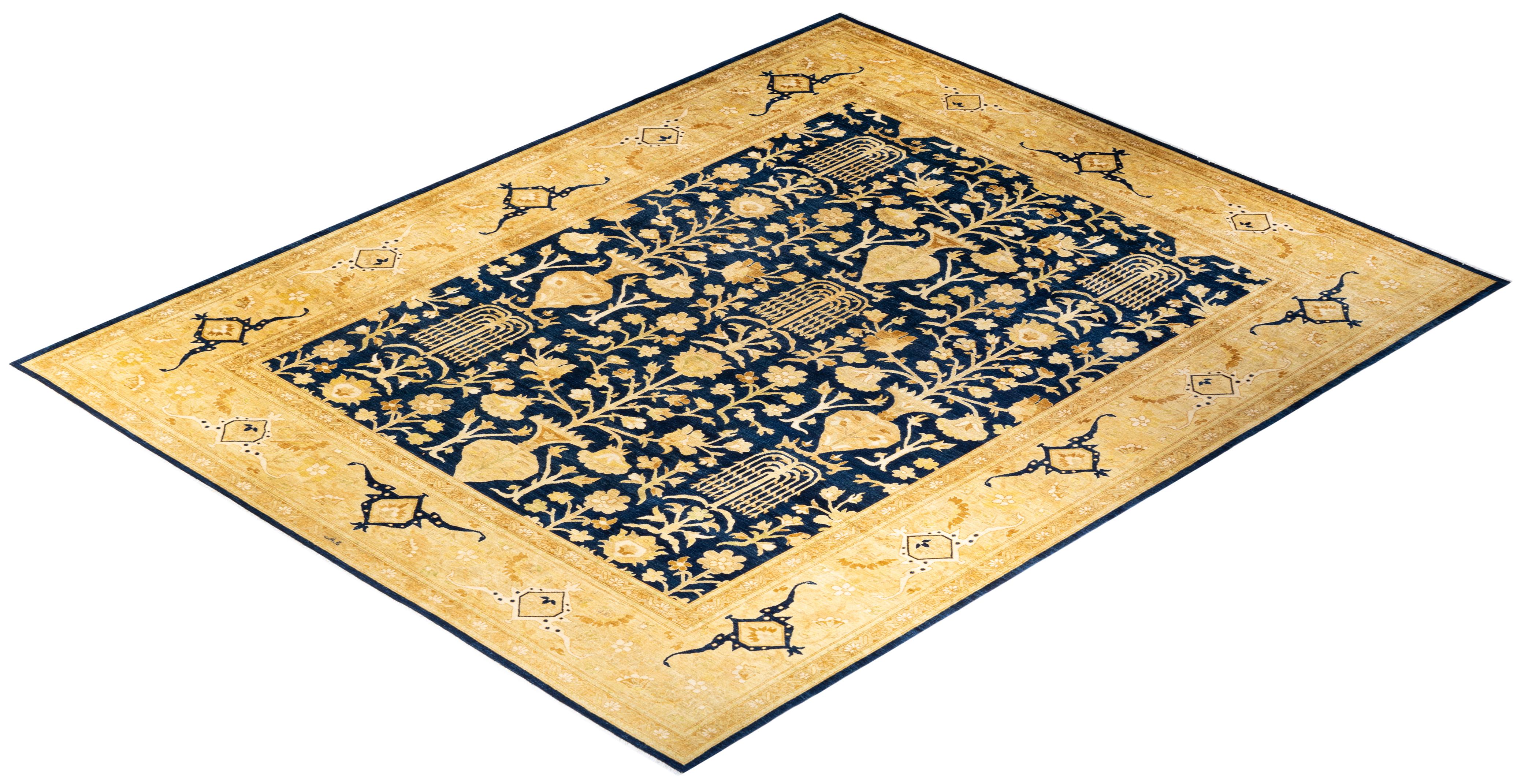 One-Of-A-Kind Hand Knotted Floral Eclectic Blue Area Rug For Sale 2