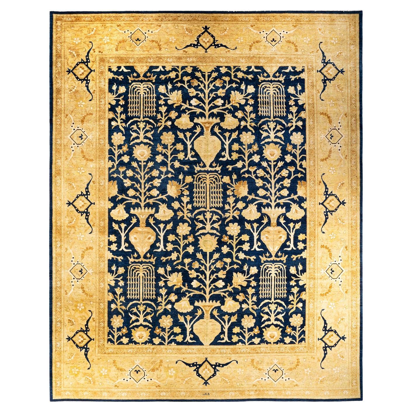 One-Of-A-Kind Hand Knotted Floral Eclectic Blue Area Rug For Sale