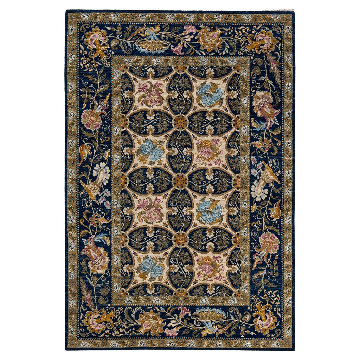 One-Of-A-Kind Hand Knotted Floral Eclectic Blue Area Rug 6' 2" x 9' 1" For Sale