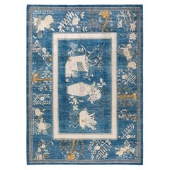 One-of-a-Kind Hand Knotted Floral Eclectic Blue Area Rug