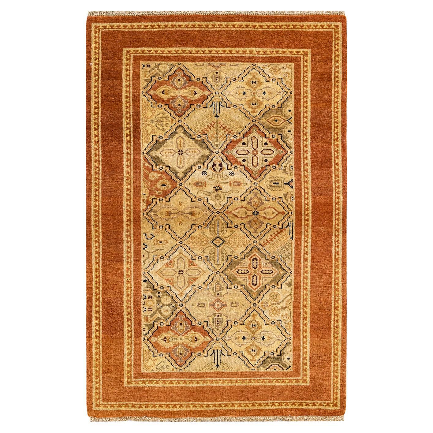 One-Of-A-Kind Hand Knotted Floral Eclectic Brown Area Rug