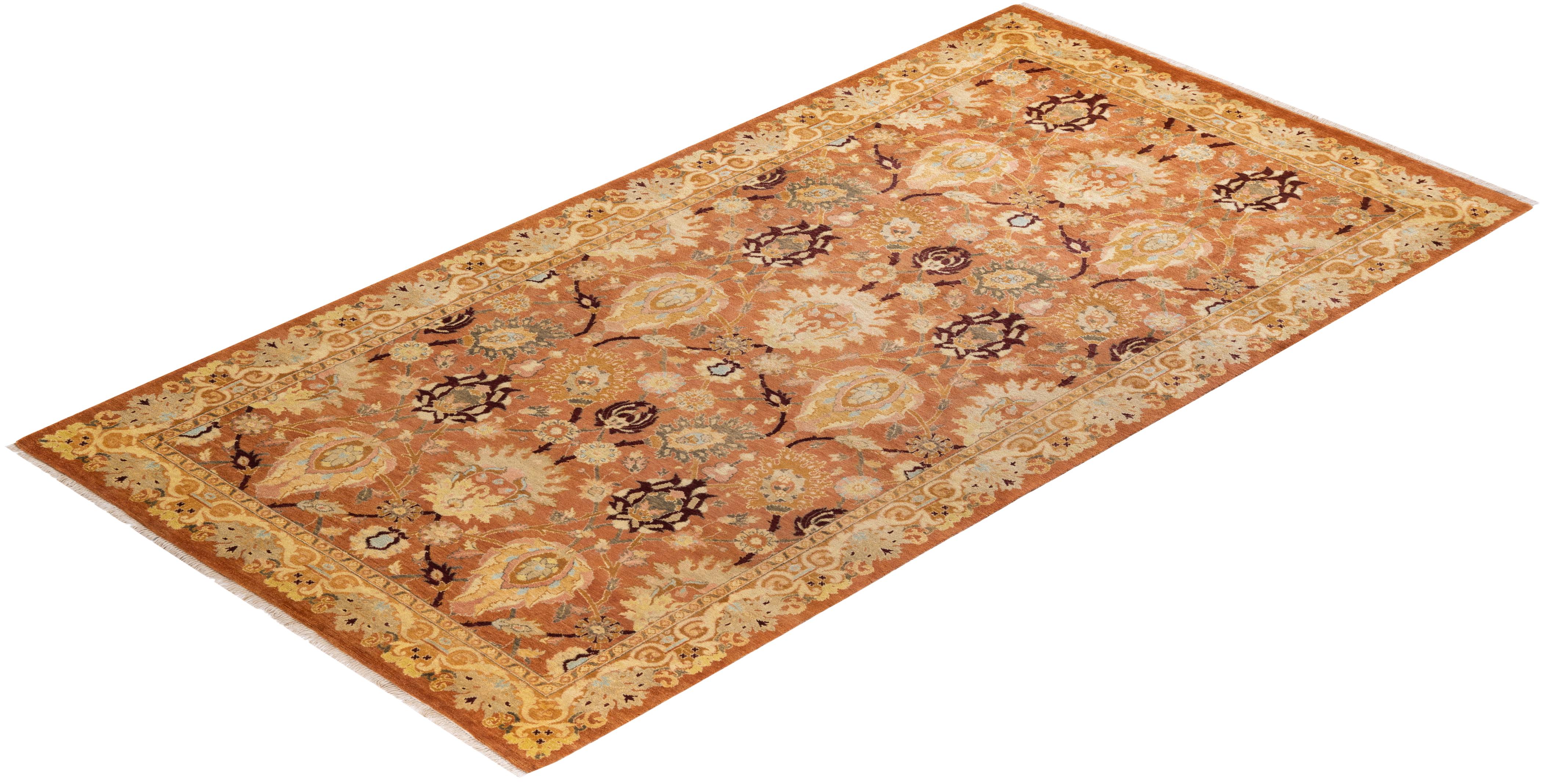 One-of-a-Kind Hand Knotted Floral Eclectic Brown Area Rug For Sale 2