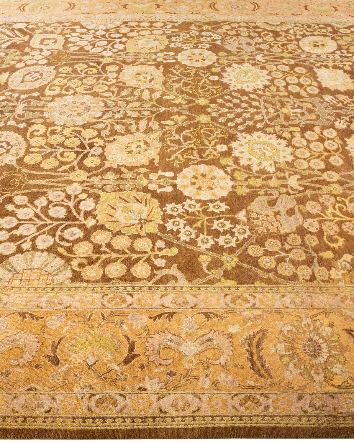 One-of-a-kind Hand Knotted Floral Eclectic Brown Area Rug In New Condition For Sale In Norwalk, CT