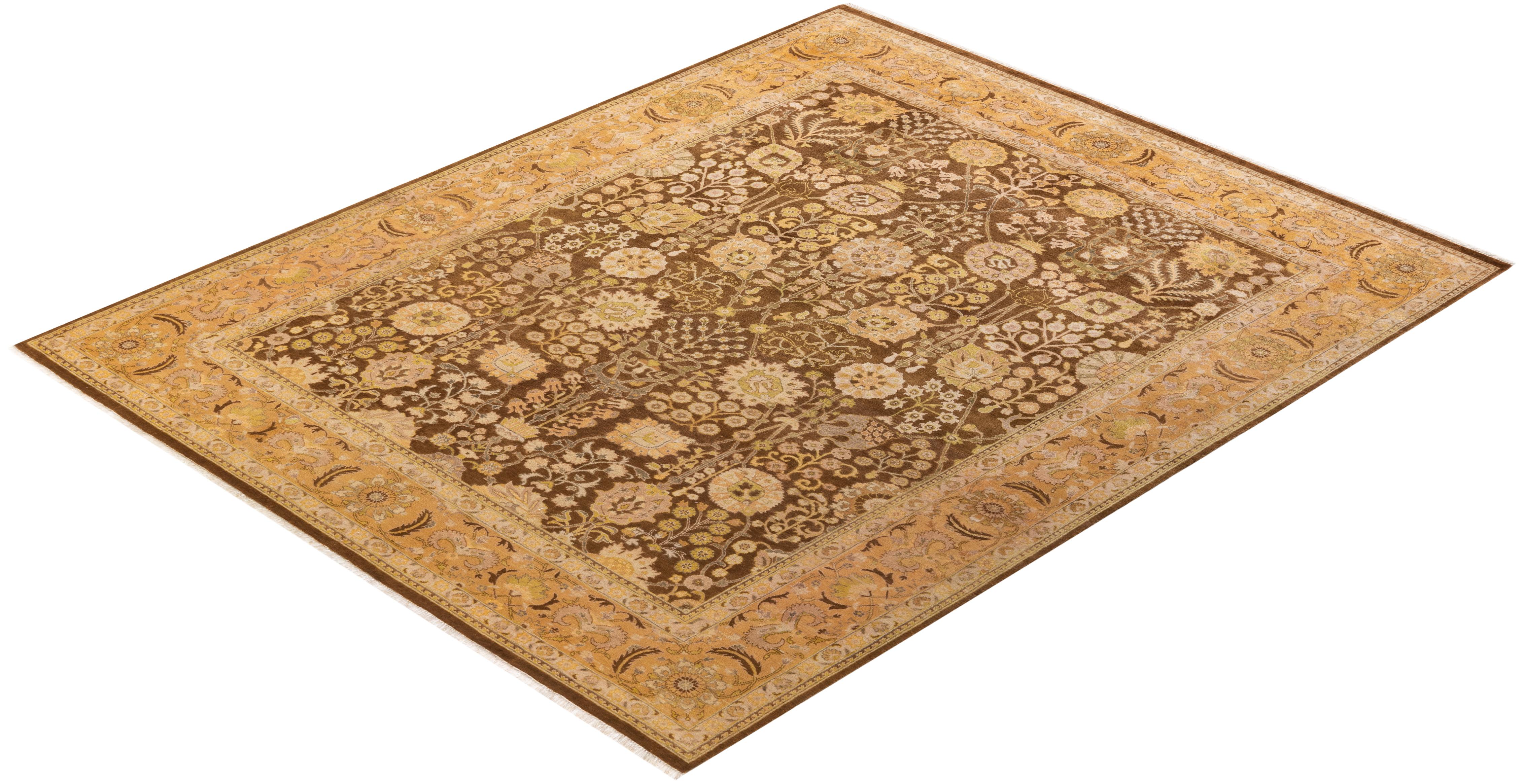 One-of-a-kind Hand Knotted Floral Eclectic Brown Area Rug For Sale 2