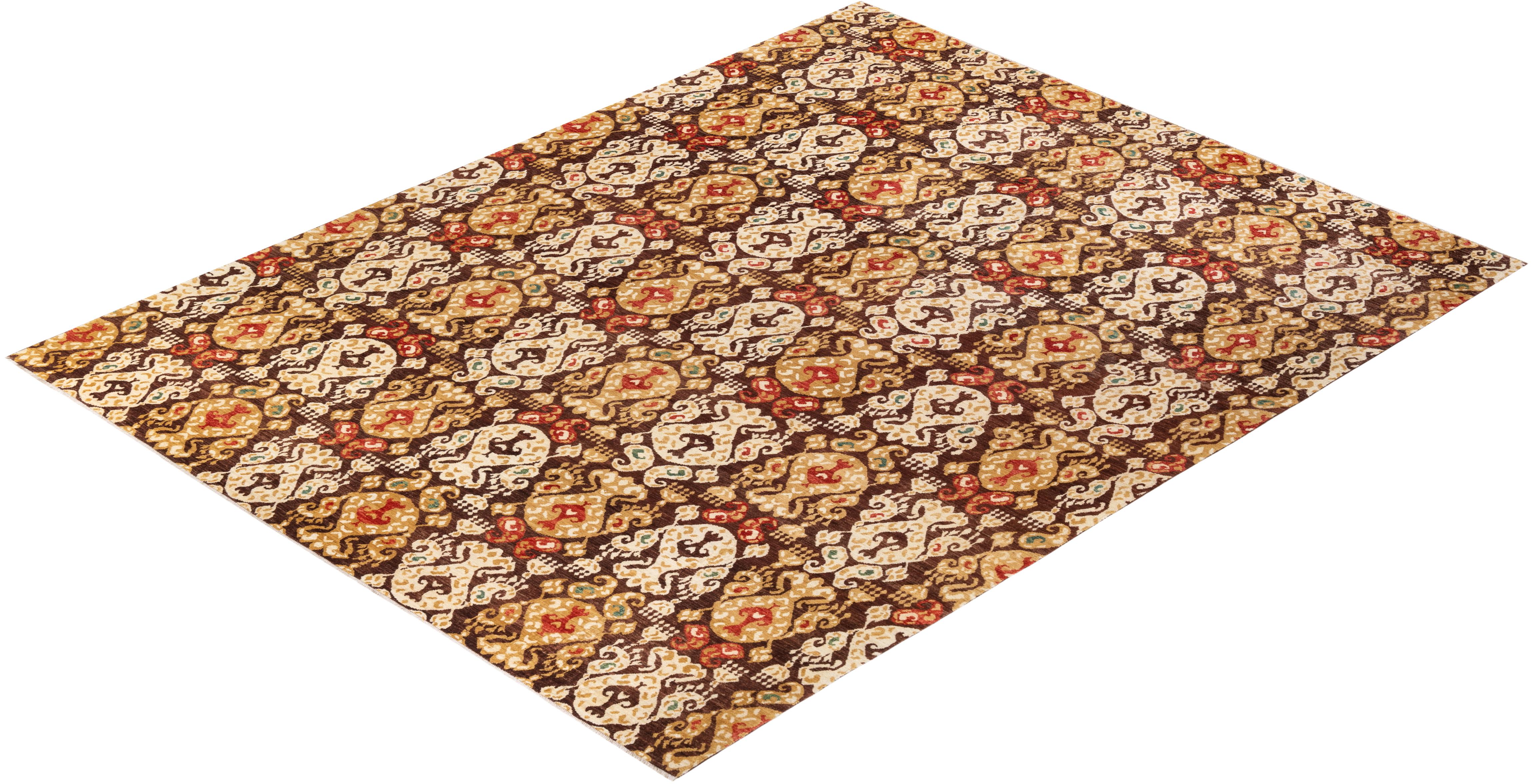One-of-a-kind Hand Knotted Floral Eclectic Brown Area Rug For Sale 2