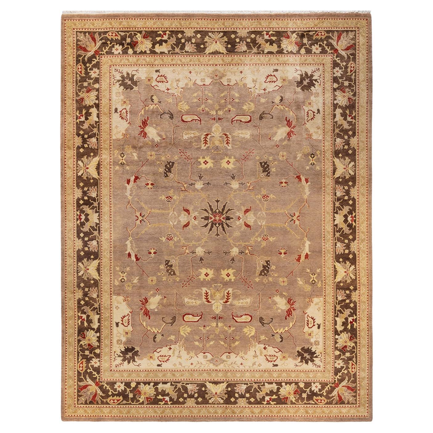 One-Of-A-Kind Hand Knotted Floral Eclectic Brown Area Rug 8' 10" x 12' 1" For Sale
