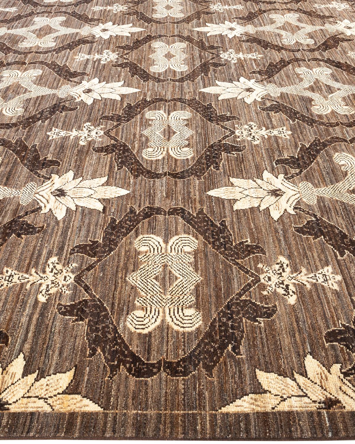 One-Of-A-Kind Hand Knotted Floral Eclectic Brown Area Rug 9' 1