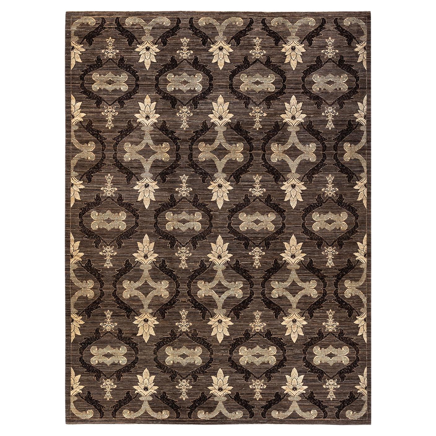 One-Of-A-Kind Hand Knotted Floral Eclectic Brown Area Rug 9' 1" x 12' 3" For Sale