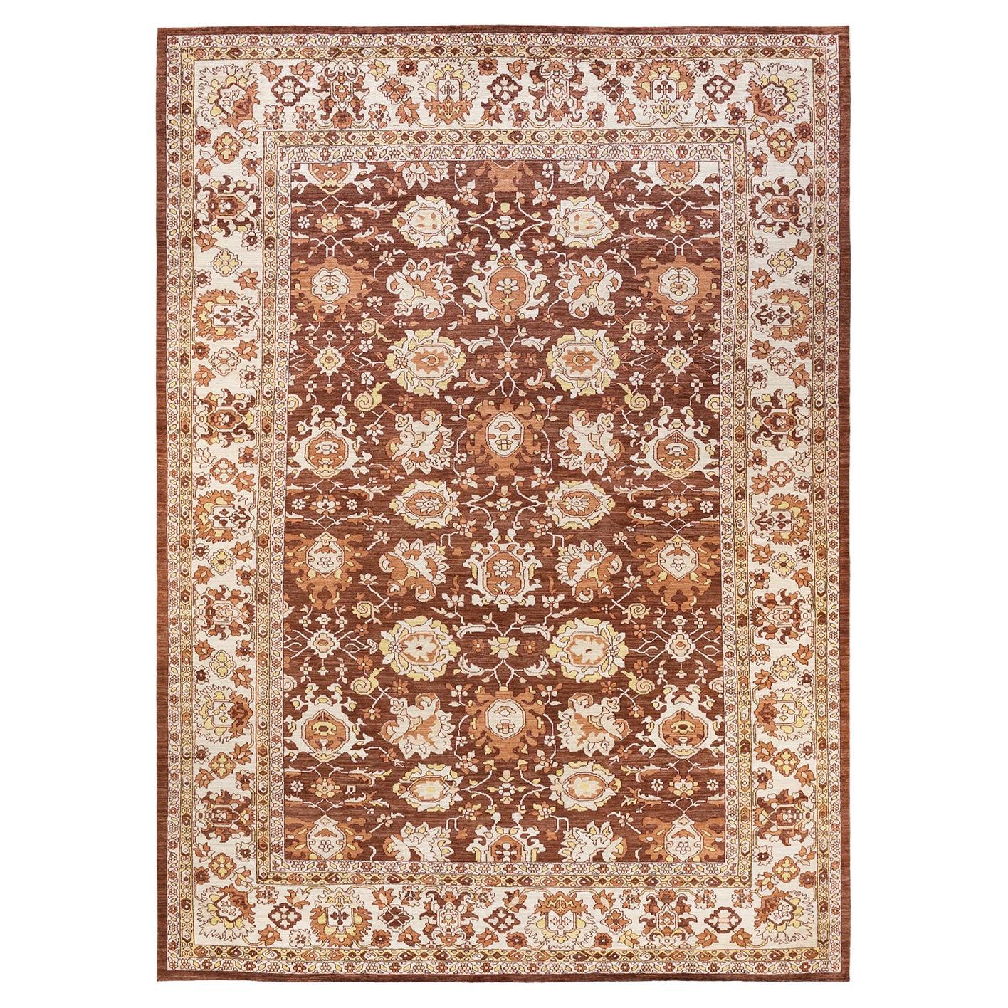One-Of-A-Kind Hand Knotted Floral Eclectic Brown Area Rug 9' 10" x 13' 10" For Sale