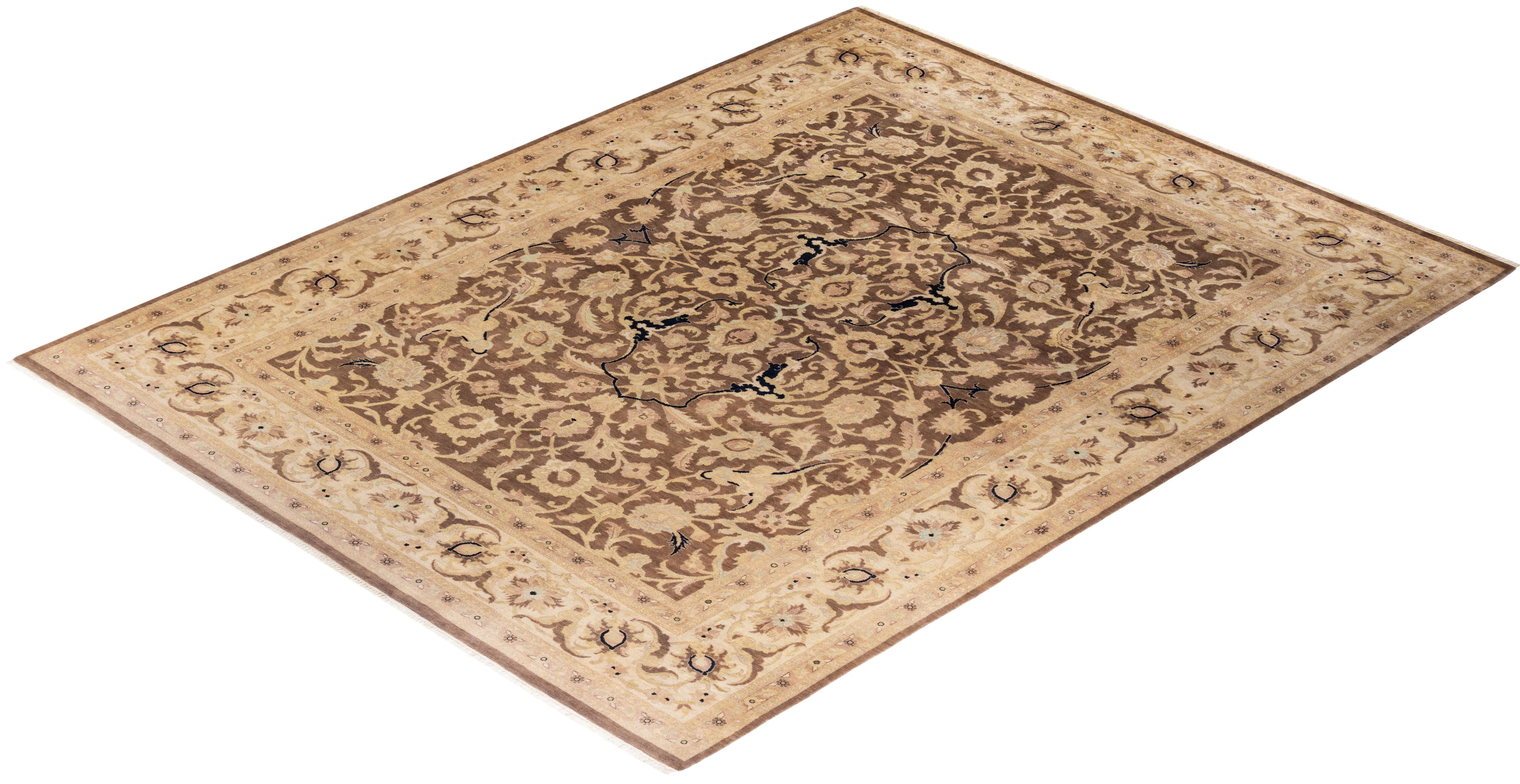 Alfombra Floral Ecléctica Marrón Anudada a Mano, Única en su Género en venta 2