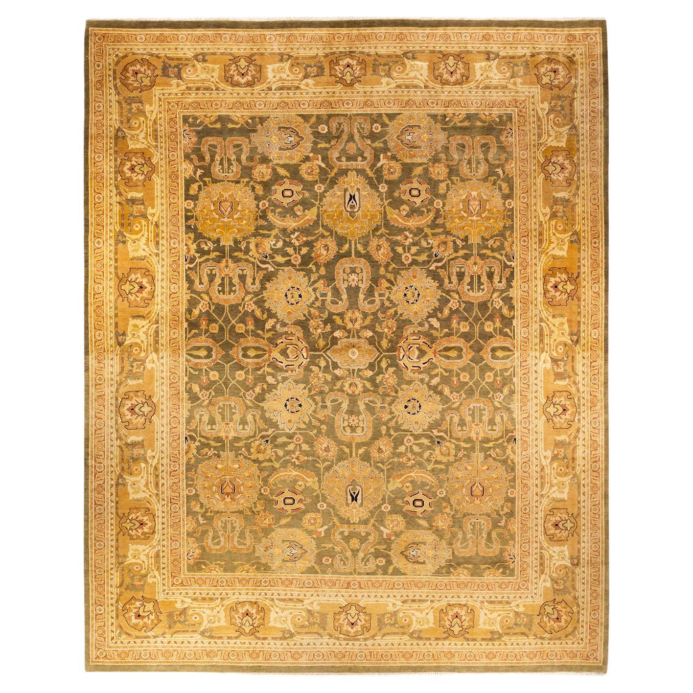 One-of-a-Kind Hand Knotted Floral Eclectic Green Area Rug 12' 1" x 15' 3" For Sale