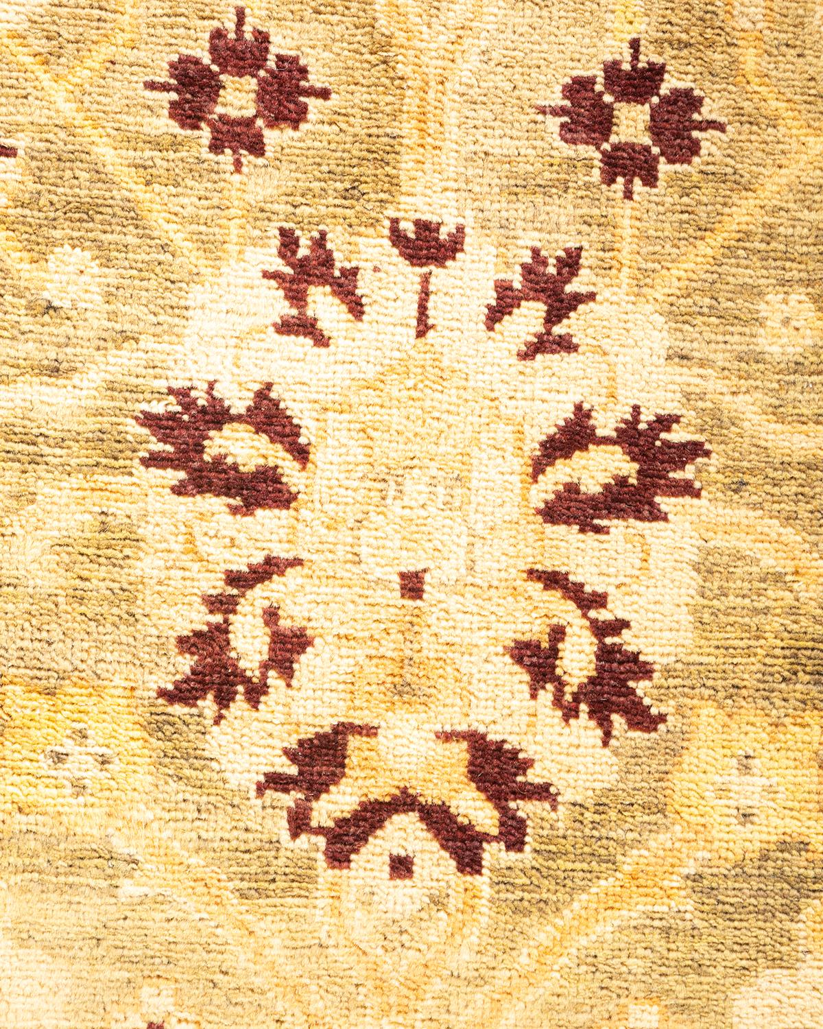 Pakistani One-of-a-kind Hand Knotted Floral Eclectic Green Area Rug For Sale