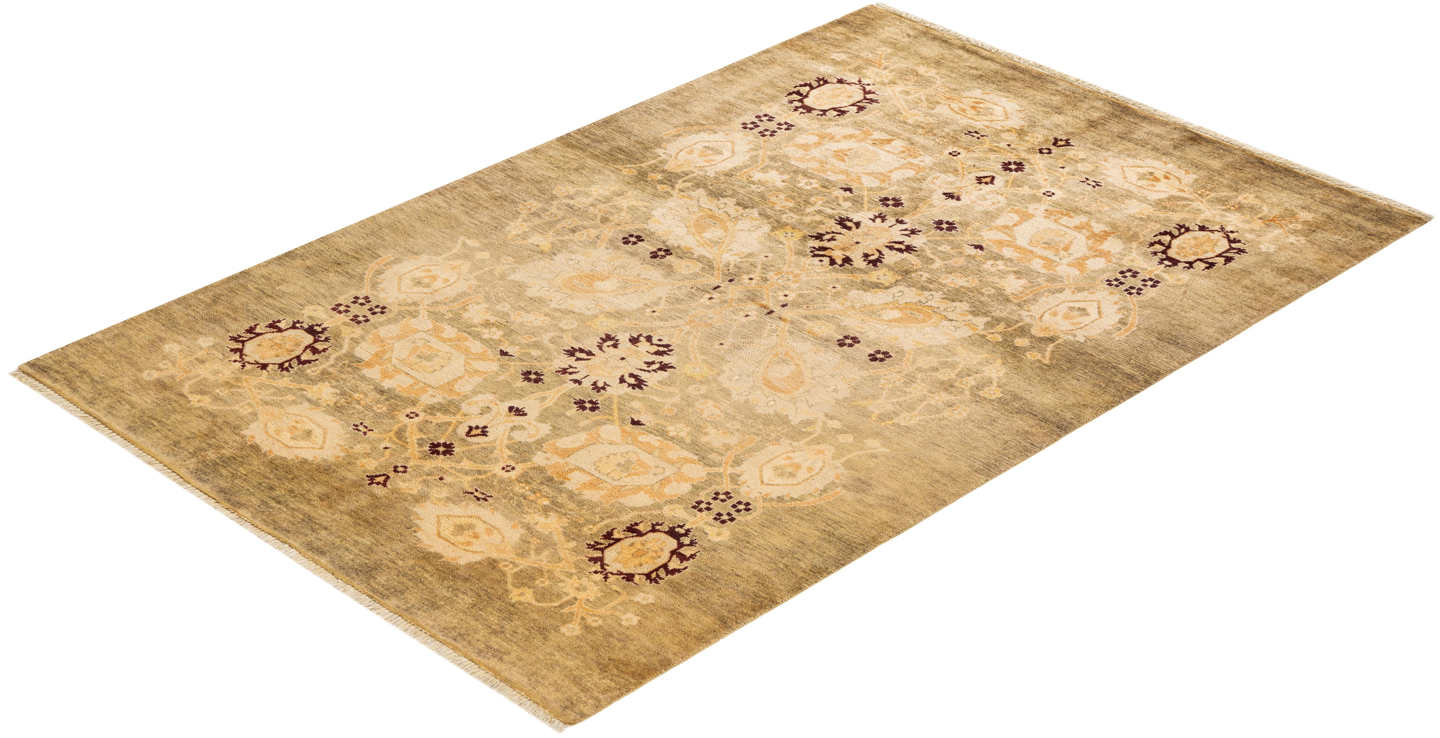 One-of-a-kind Hand Knotted Floral Eclectic Green Area Rug For Sale 2